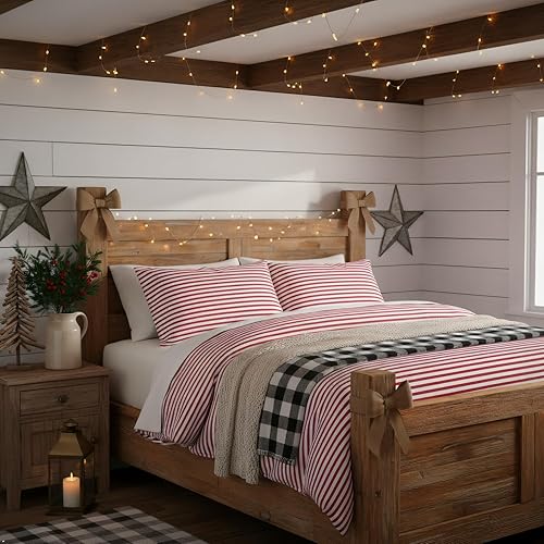 Miniatura 4 de rockcloud Juego de fundas de almohada de 400 hilos, 100% algodón, tamaño estándar, 2 piezas, rayas rojas