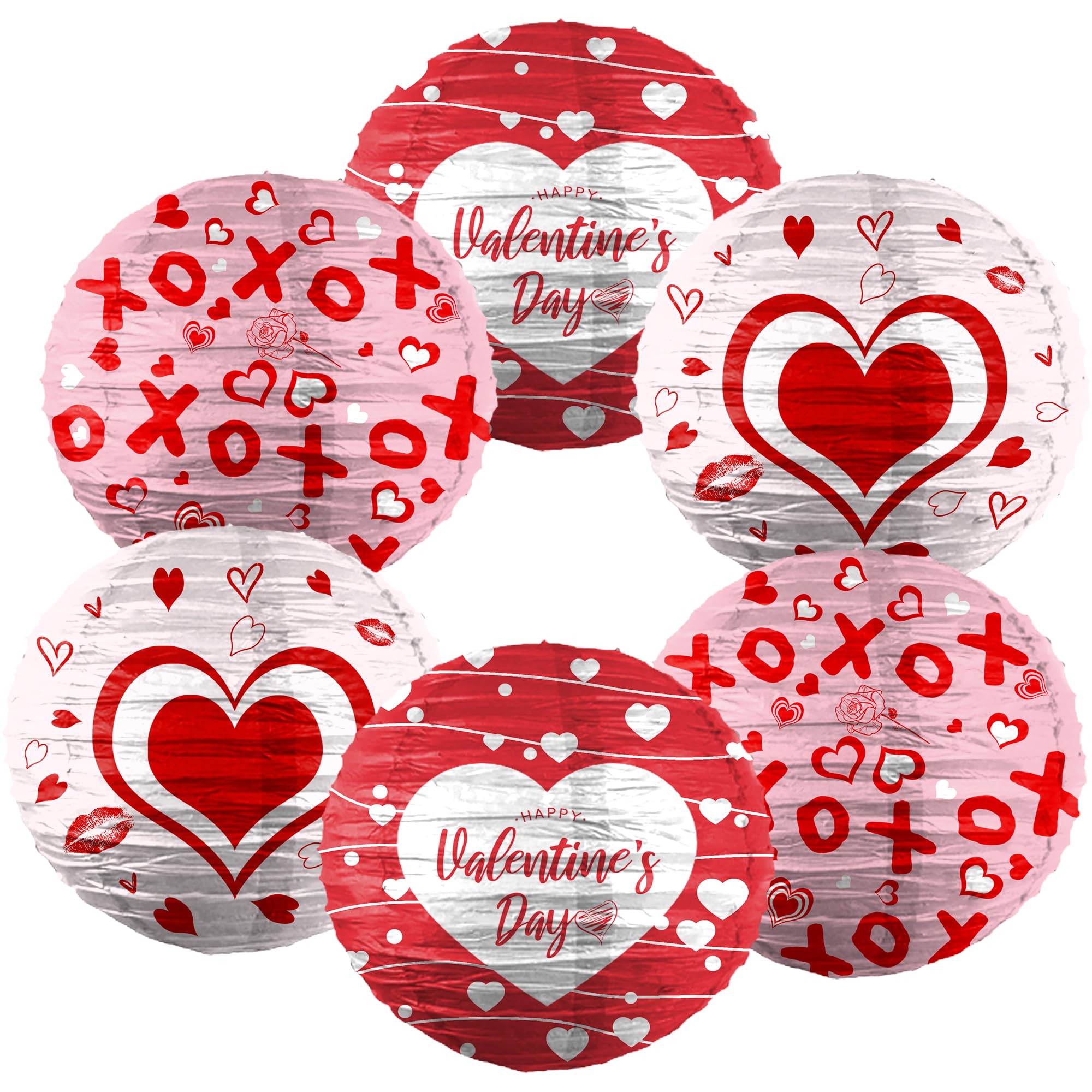 Photo 1 of 6 Pieces Valentines Day Paper Lanterns Red Pink White - Valentine's Day Hanging Paper Lanterns Decor - Valentines Day Party Supplies