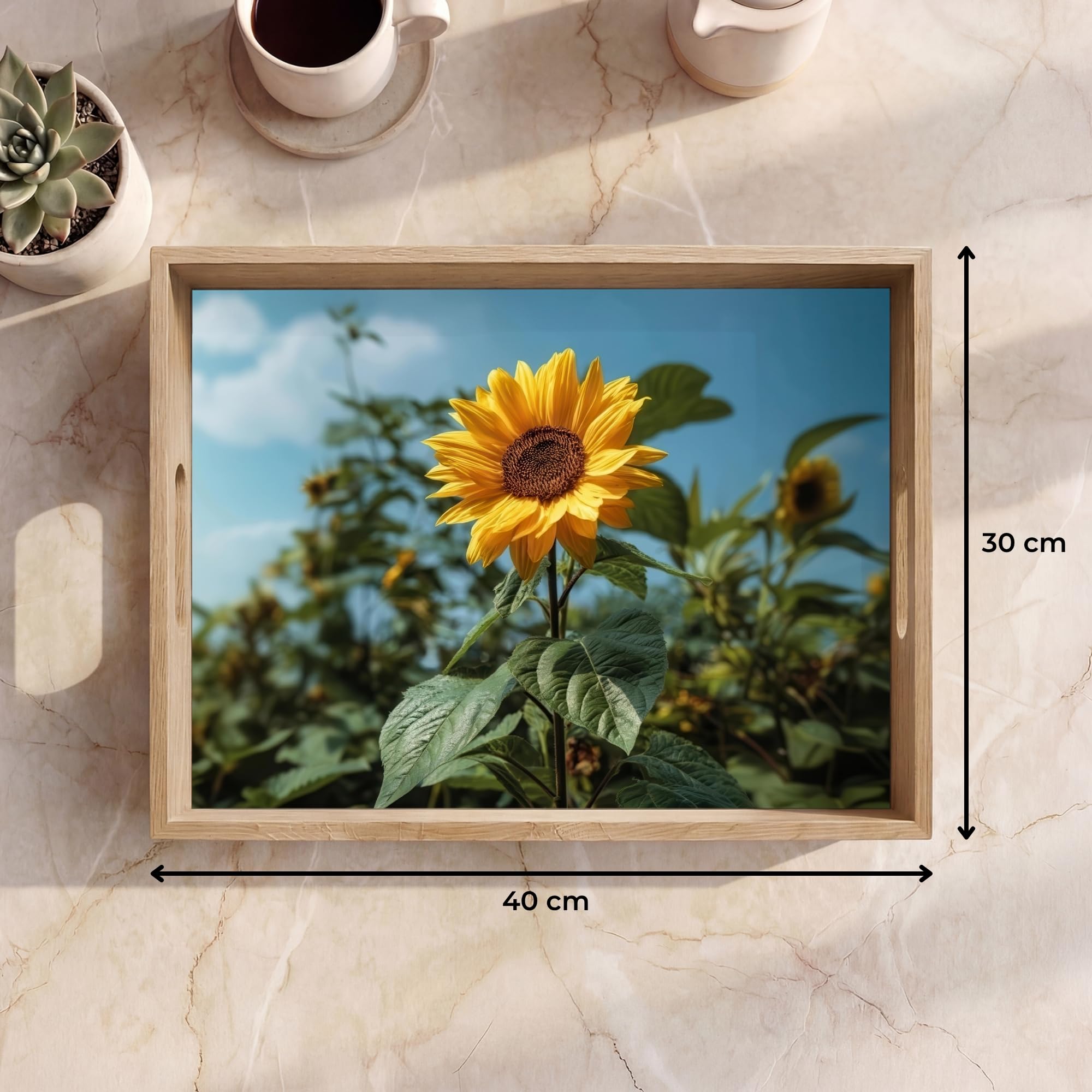 Tablett Rechteckig 40x30 cm Serviertablett rutschfest Griff Küchentablett Servierplatte Eiche Holztablett Henkel Hitzebeständig Sonnenblumen - Strahlend Blauer Himmel - Gras