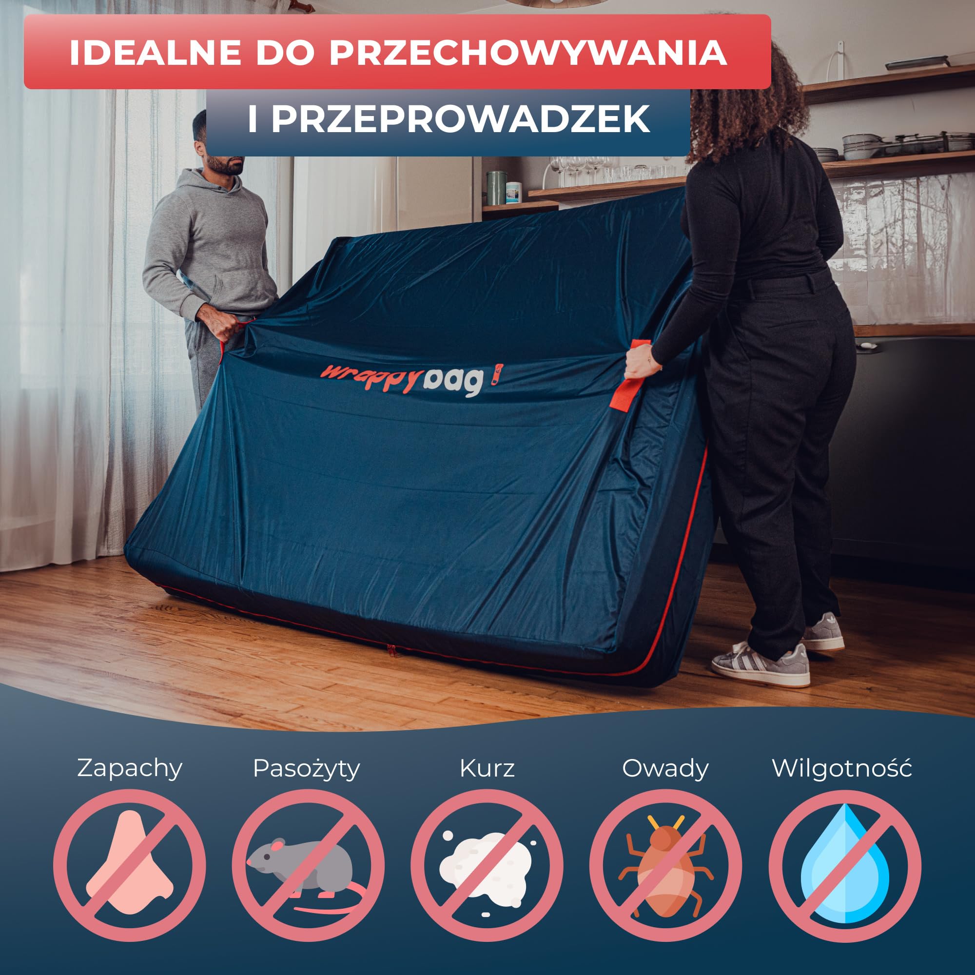 WRAPPYBAG – Pokrowiec Ochronny z Poliestru Oxford na Materac – Torba do Przechowywania z 4 Uchwytami Transportowymi – do Przeprowadzki, Magazynowania i Transportu - 70 x 140 cm