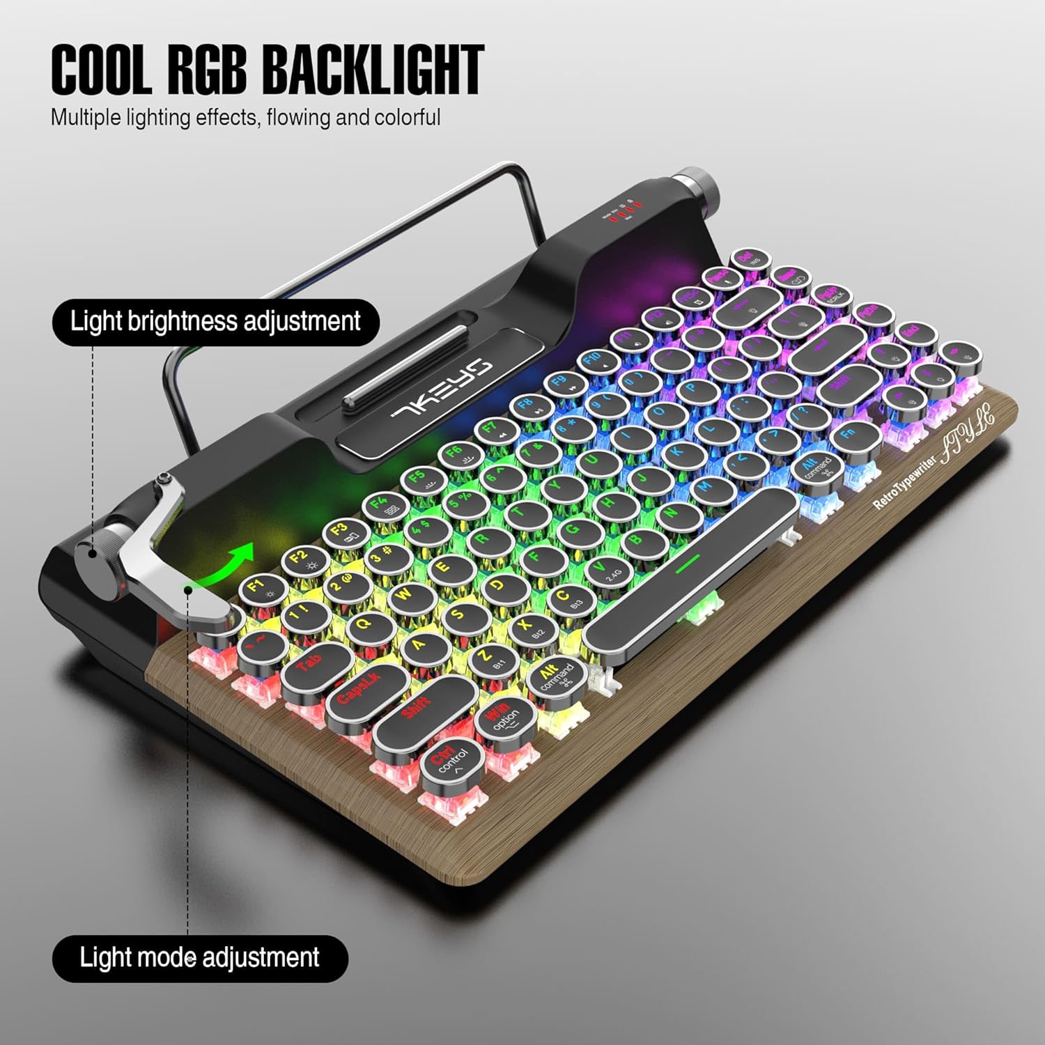 7KEYS keyboard showing light brightness and mode adjustment features