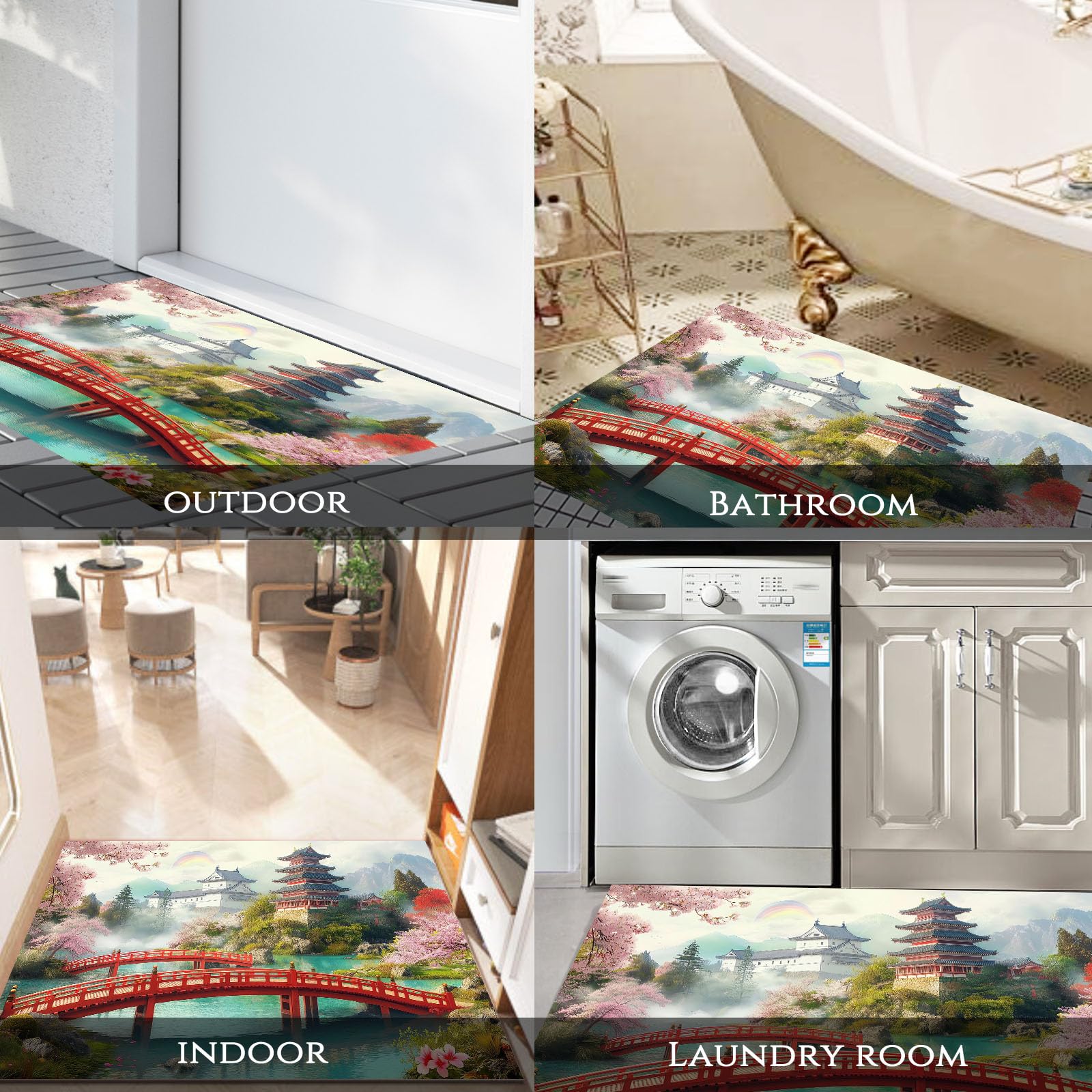 Paillassons pour entrée 60x120 cm Tapis de Porte Jardin Japonais Interieur Tapis Fleurs Cerisier En Pleine Floraison Antidérapant Absorbant, Facile à Nettoyer pour Couloir Chambre Cuisine, Rose