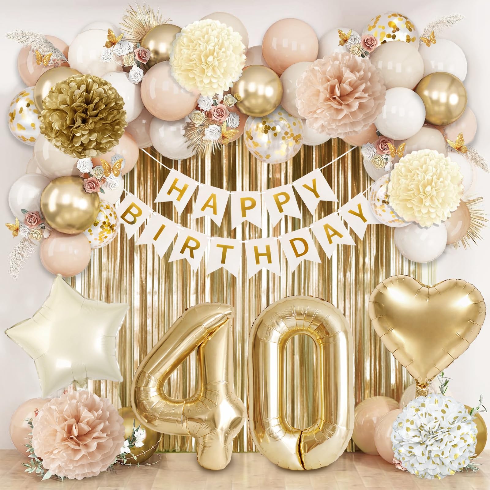 40th Birthday Decorations Gold Beige,Beige White and Gold 40th Birthday Balloons Set with Happy Birthday Banner,Gold Balloons,Tinsel Curtains,Star Heart Foil Balloons,Paper Pom Poms Party Decorations
