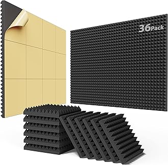 Upgraded 36 Pack Self-Adhesive Sound Proof Foam Panels for Walls 2" X 12" X 12"， Fast Expand Acoustic Panels with High Density, Pyramid Soundproof Wall Panels for Studio and Home Noise Reduction Black