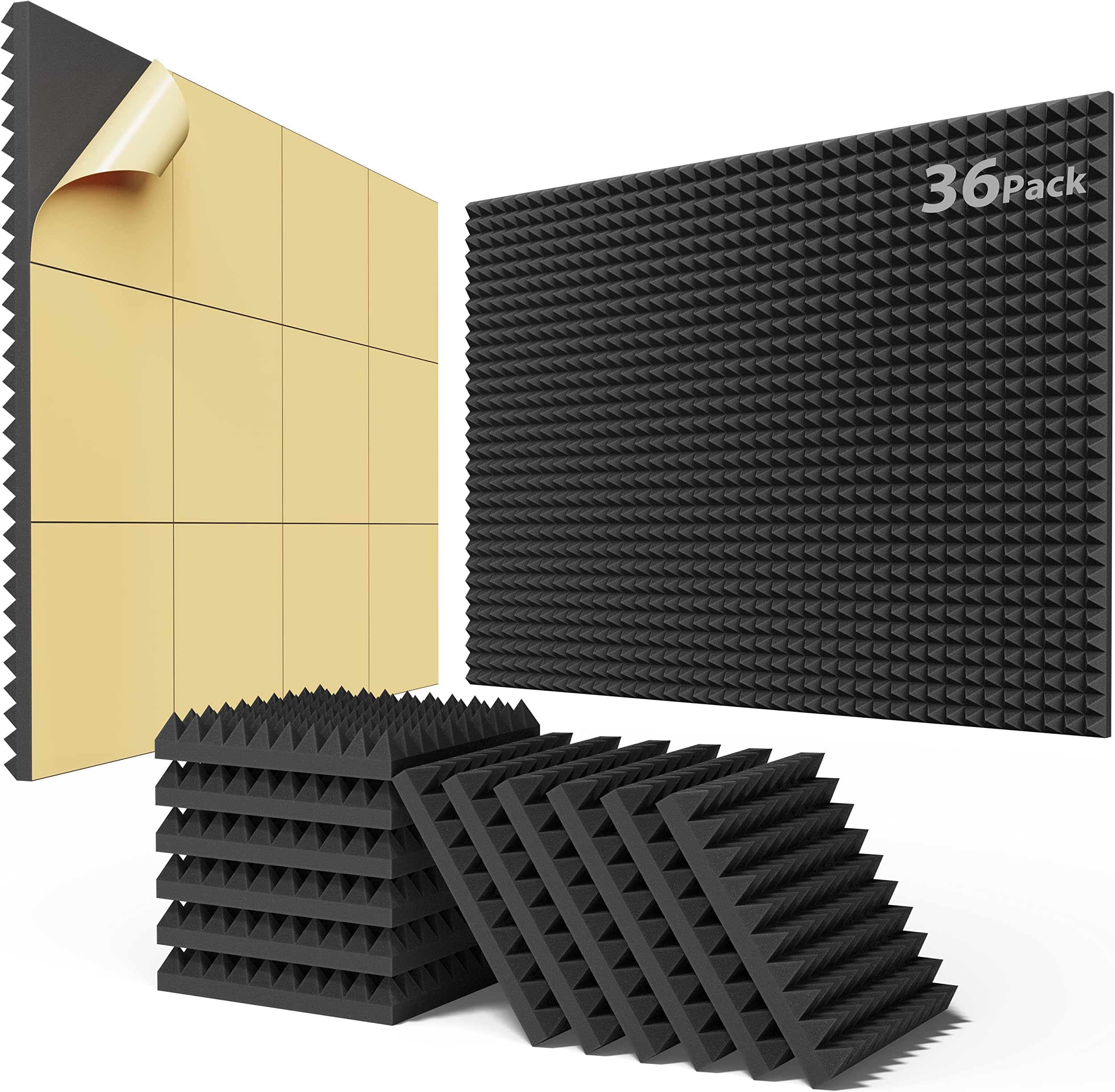 Upgraded 36 Pack Self-Adhesive Sound Proof Foam Panels for Walls 2" X 12" X 12"， Fast Expand Acoustic Panels with High Density, Pyramid Soundproof Wall Panels for Studio and Home Noise Reduction Black