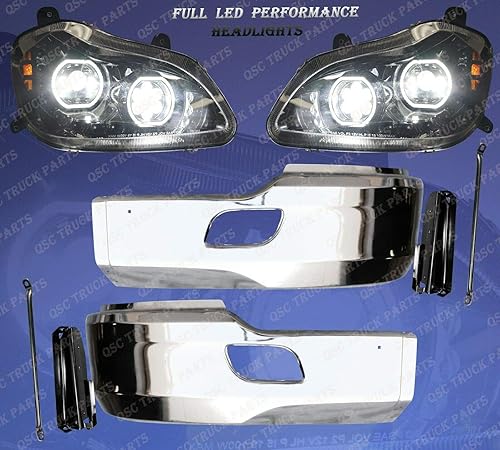 QSC Truck Parts Juego de montajes de faros delanteros negros con parachoques de acero cromado compatible con Kenworth T680