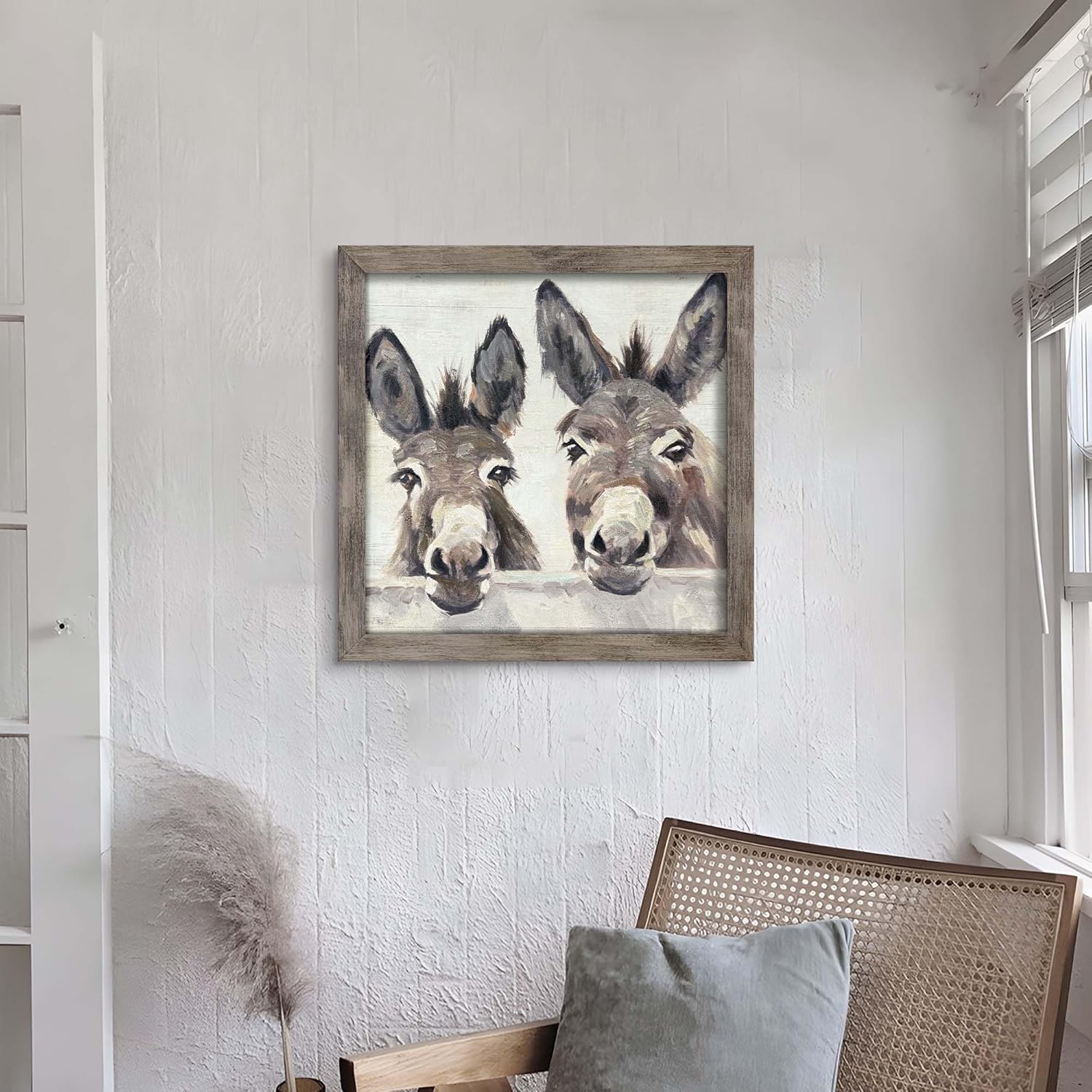 Framed Donkey Wall Art Bedroom: Rustic Farm Living Room Wooden Painting Print Decor Funny Cute Animal Portrait Picture Farmhouse Nursery Living Room Home Artwork 24” x 24”
