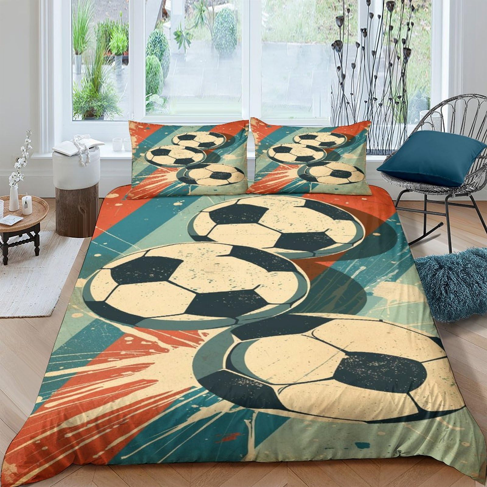 Housse de couette football 200 x 200 cm avec taies d'oreiller douce et respirante