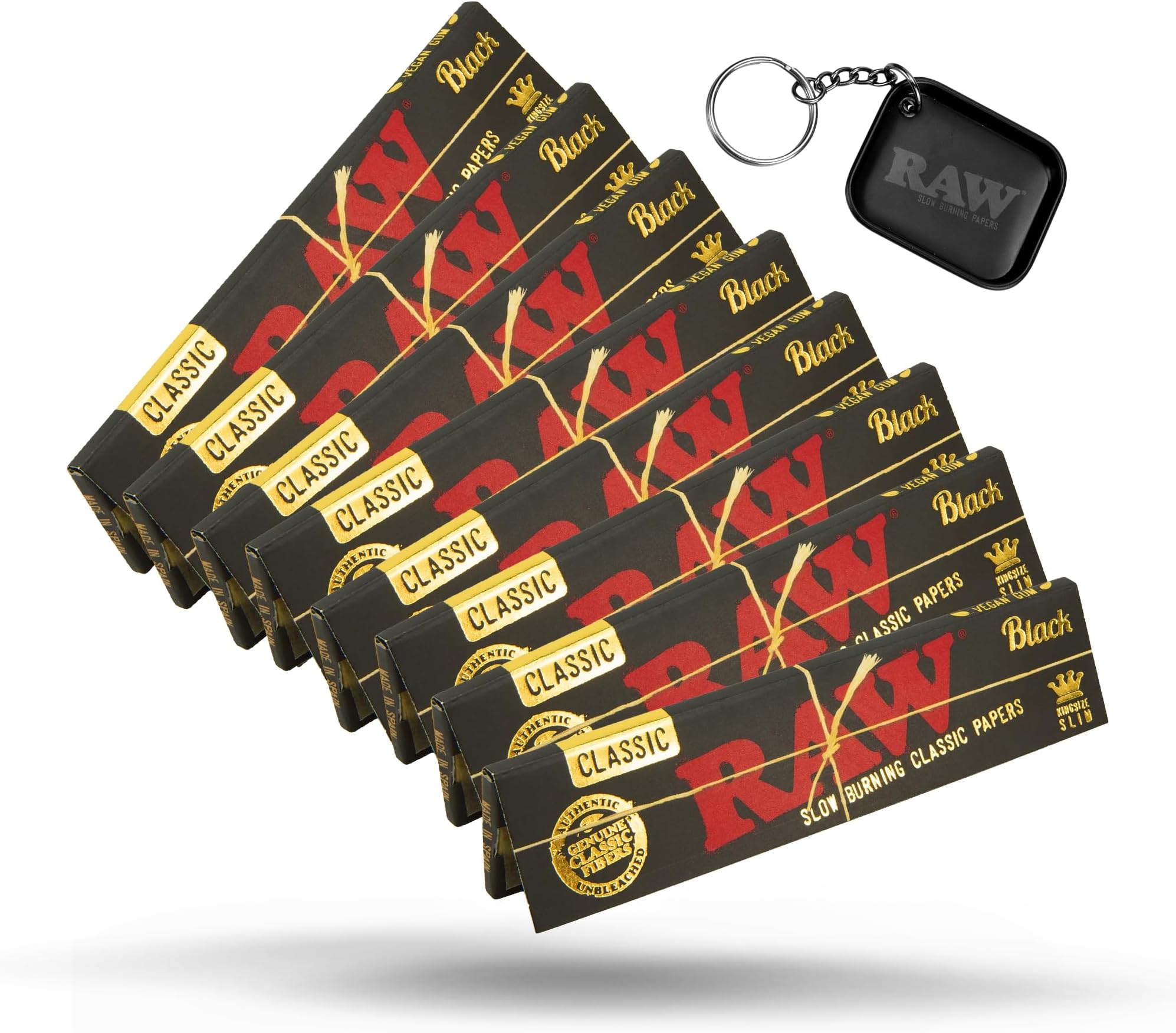 RAW Black King Size Slim Rolling Papers 8 Pack - Includes Collectible RAW Tiny Matte Black Murder'd Tray Key Chain