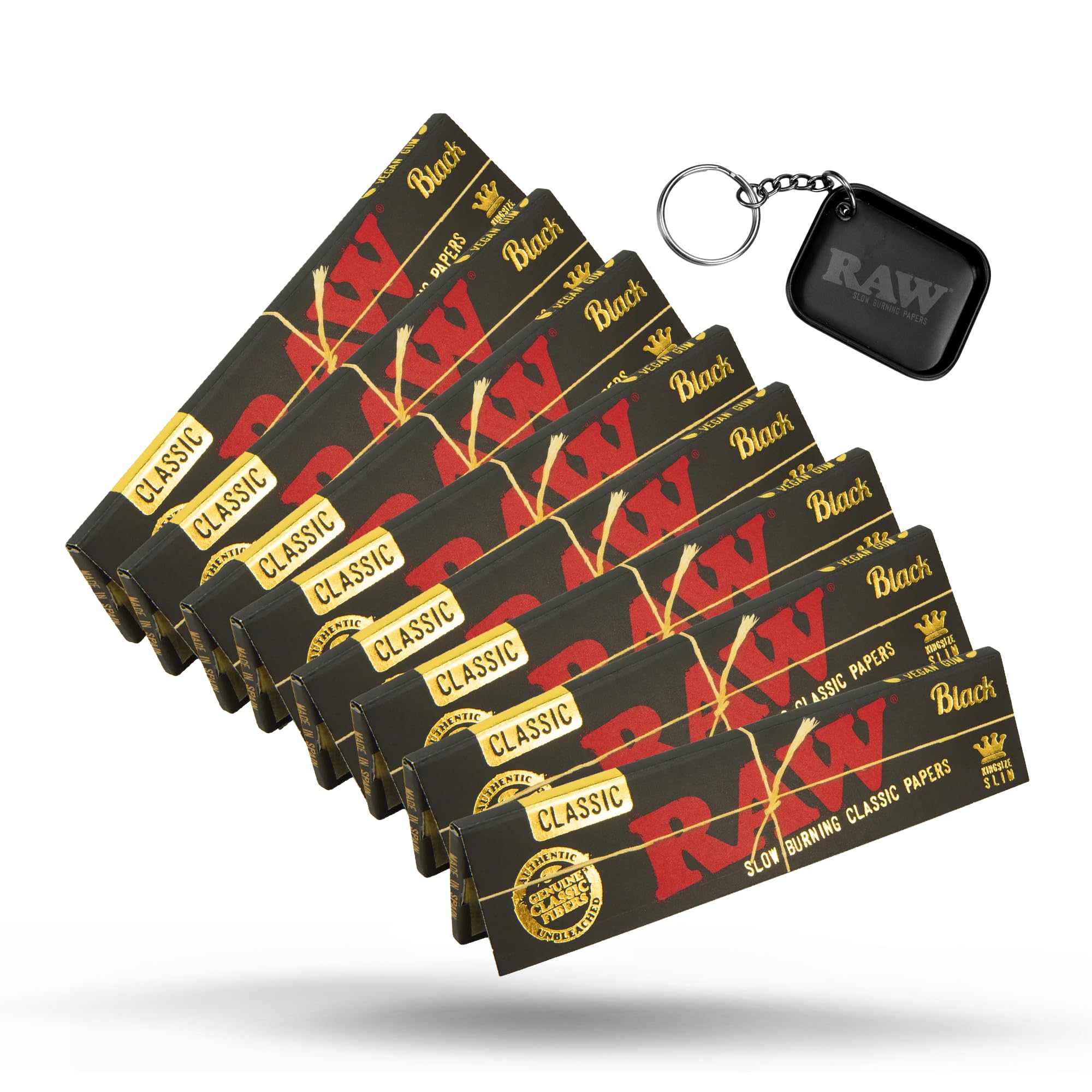 RAW Black King Size Slim Rolling Papers 8 Pack - Includes Collectible RAW Tiny Matte Black Murder'd Tray Key Chain