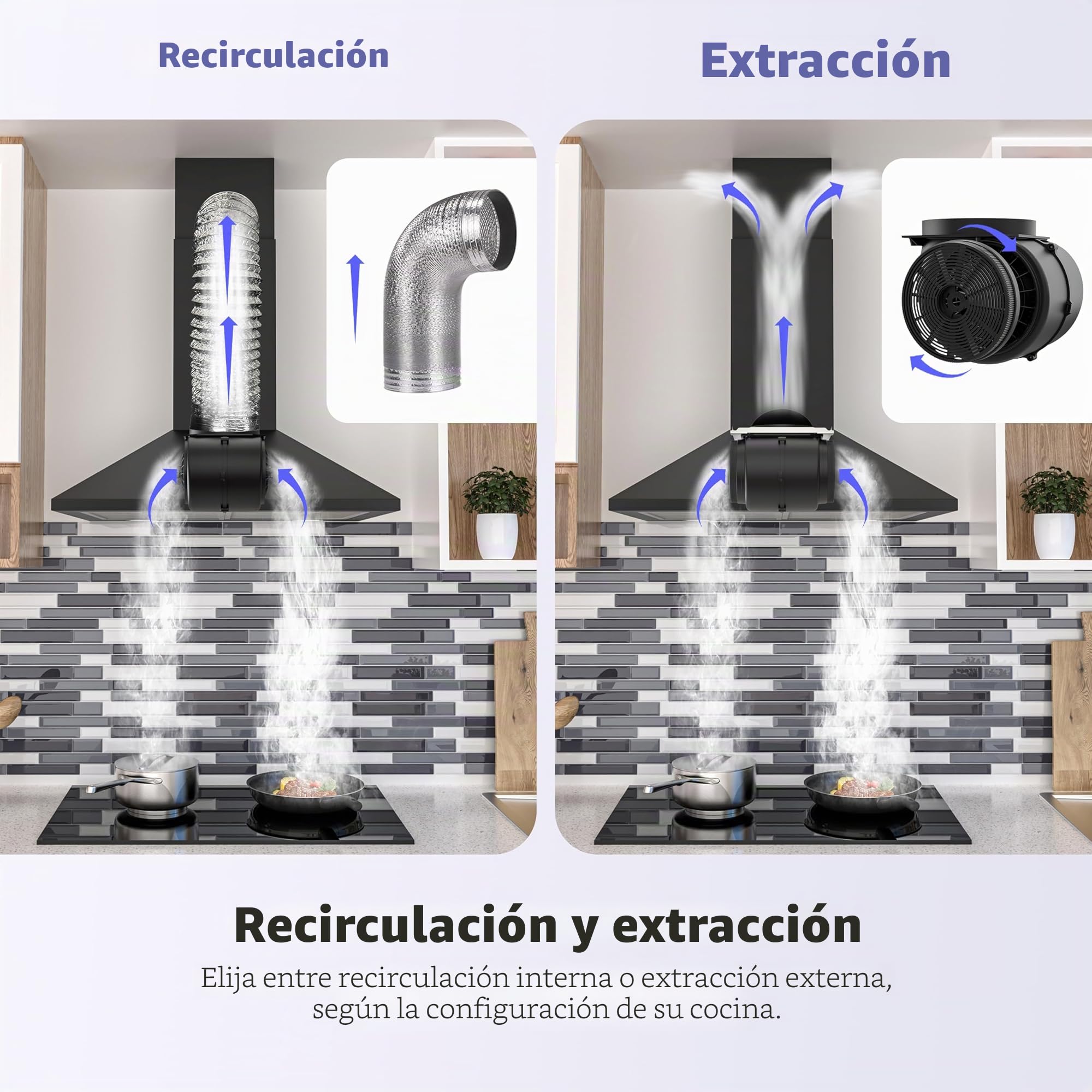 FIREGAS Campana extractora 60cm, Motor sin escobillas, 3 velocidades, 352m³/h, Canalizado y Recirculación, Iluminación LED, Filtro de carbón incluida, Clase A++ Campana decorativa Negra
