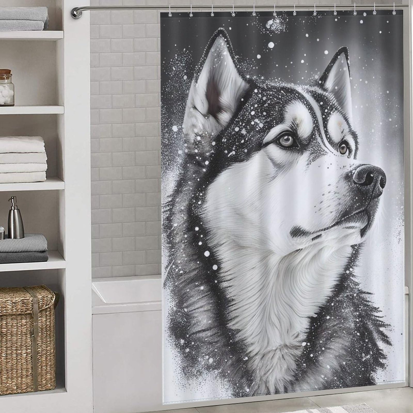 Rideaux de douche loup en tissu polyester pour l'ambiance nature d'une salle de bain