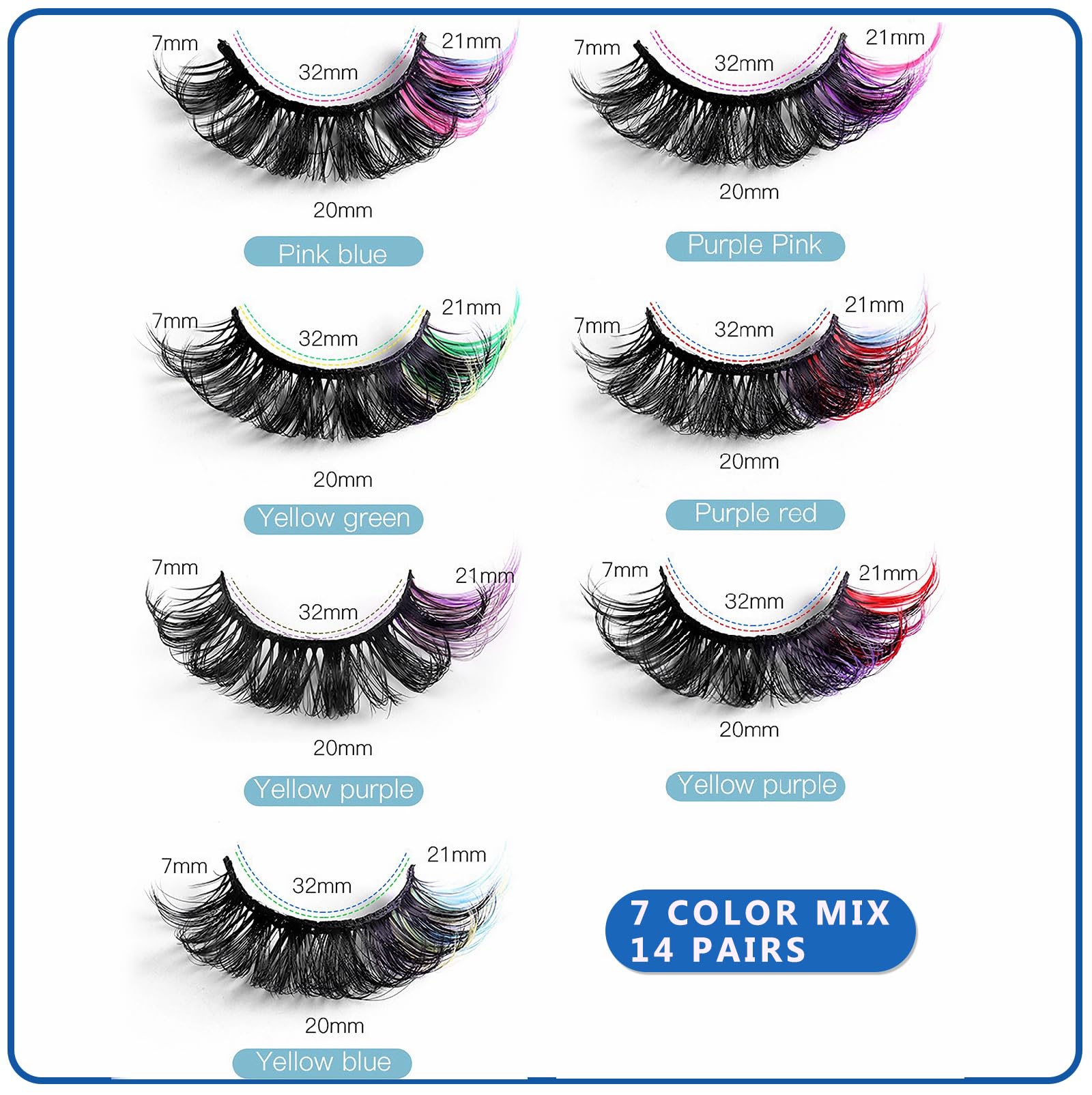 Farbige Wimpern, flauschige Nerz-Wimpern mit Farbe am Ende, dramatische, lange, dicke, bunte Wimpern-Cluster, voll gelockte falsche Wimpern, Katzen-, Fuchs-Wimpern, 3D-Curl-Salon-Verlängerungsstreifen