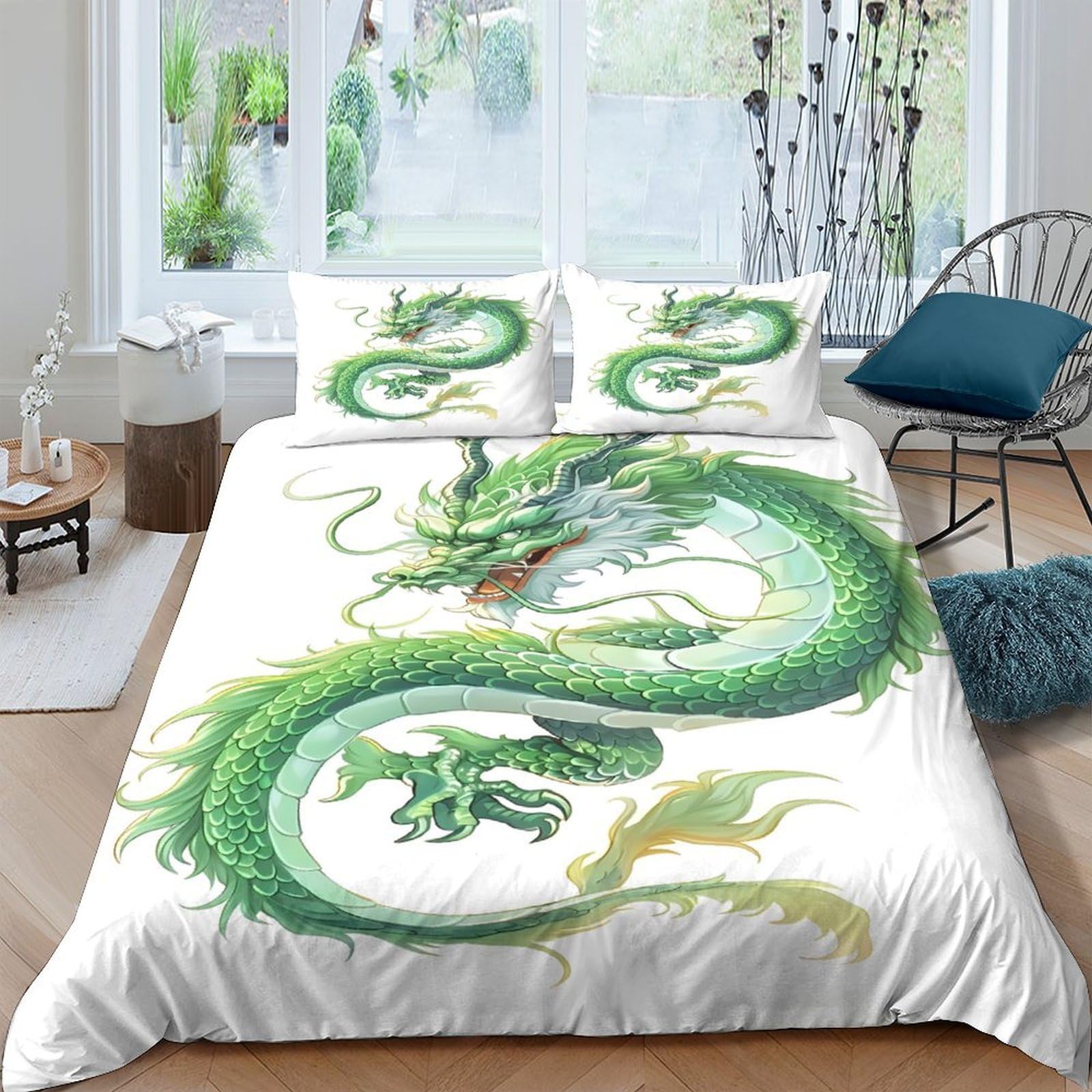 Ctjqhvkz Style-10 3D Printed Green Dragon Fitted Sheet Microfiber Soft Non-Slip Mattress Cover Chinese Art Bed Decor For Home Guestroom Single（135X200cm）
