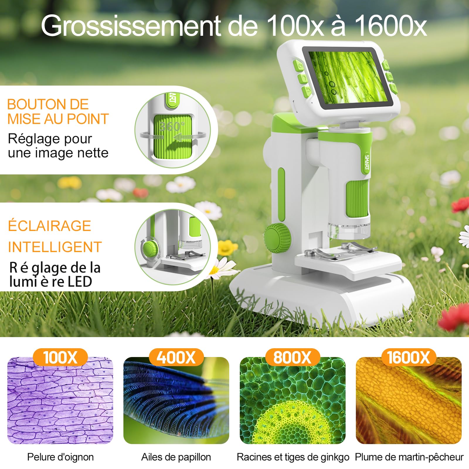 Microscope Enfant Portable 1600x Zoom, 4" Écran IPS avec Photos et Vidéos, Carte TF 32G, Rechargeable Batterie, Connexion PC directe, Kit d'Expériences Scientifiques pour Les de 6 à 12 Ans