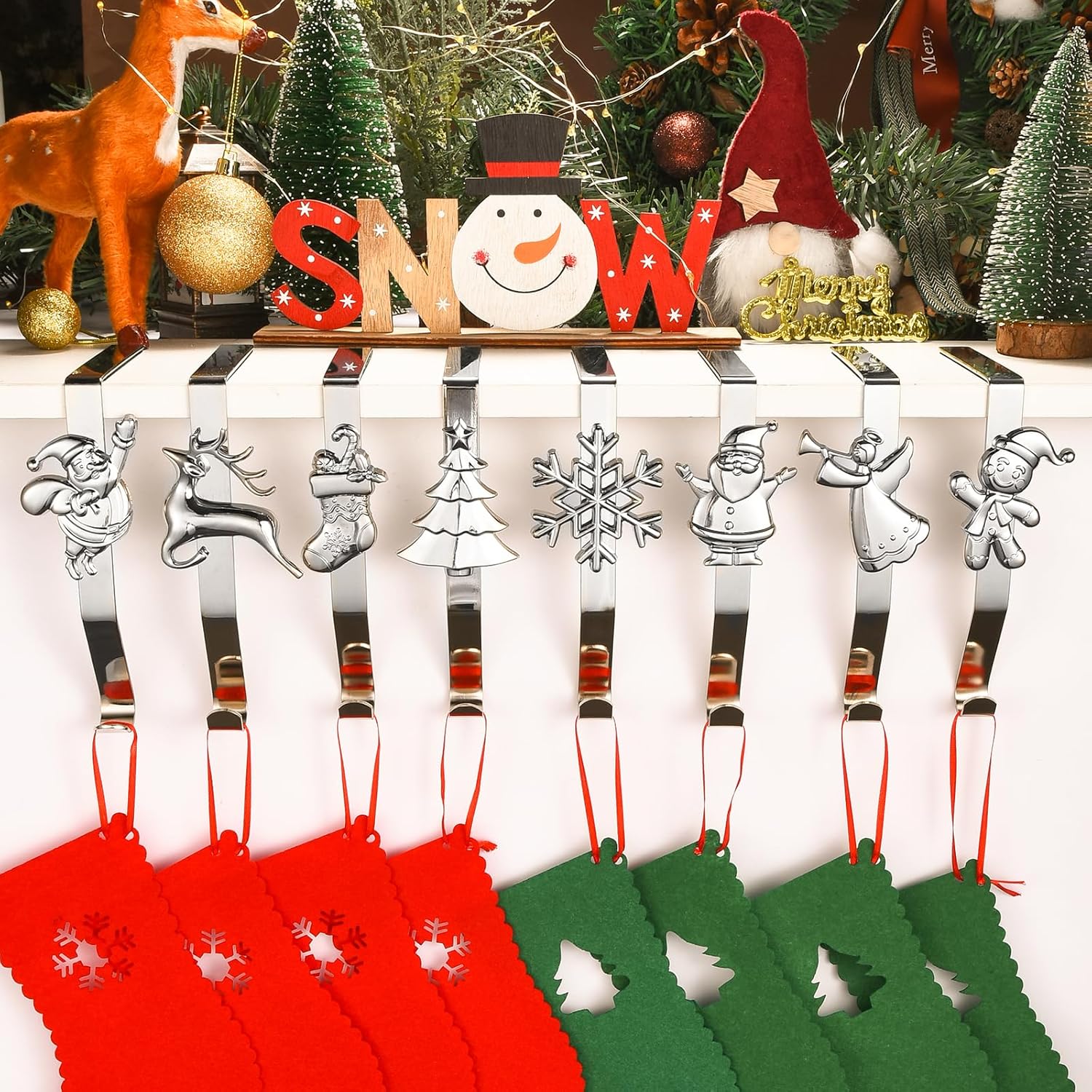 Christmas Stocking Holders for Mantle Set of 8, Weighted Stocking Hangers for Mantel Fireplace, Stocking Hooks for Xmas Decoration(Silver,8PCS)
