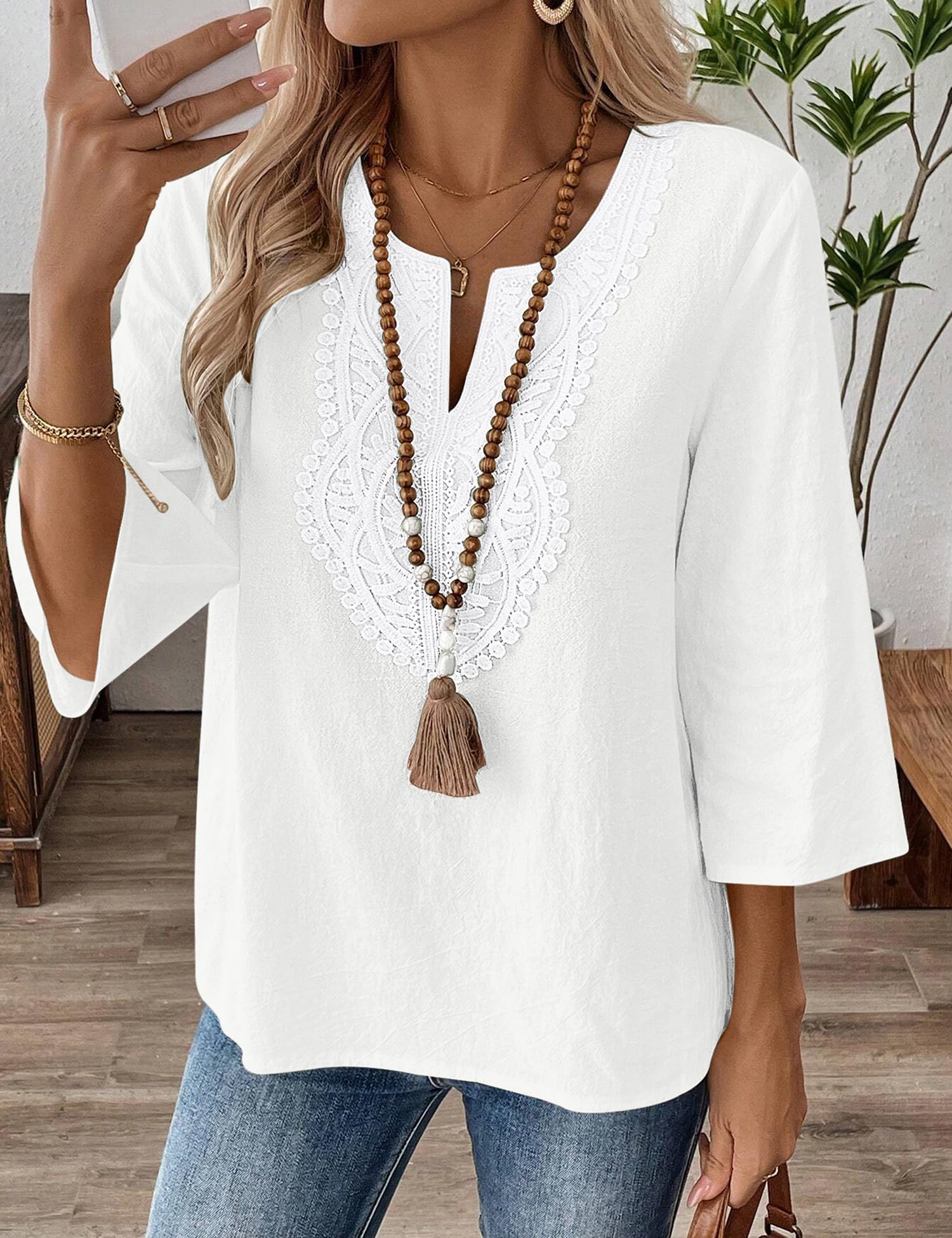 Rapbin Blusa para mujer, manga 3/4, elegante, cuello en V, algodón, encaje, camiseta informal, holgada, túnica