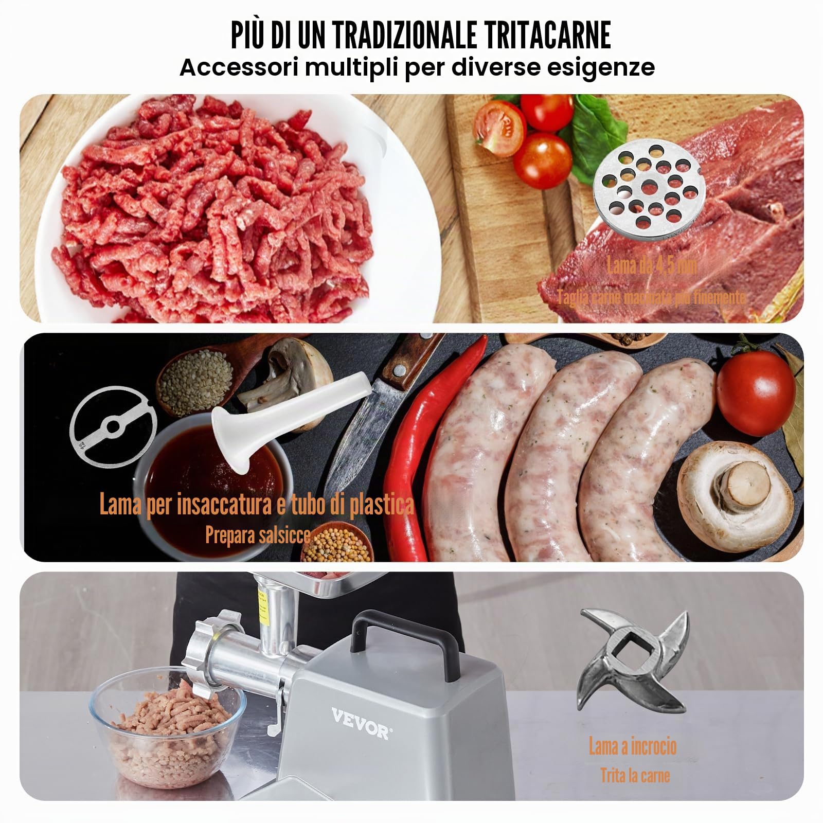 VEVOR Tritacarne Elettrico Industriale con Lama Capacità 2,27 kg/min, 575 W (800 W MAX), Piastra di Macinazione, Lama per Insaccare Salsicce e 3 Tubi, Tritacarne Alluminio 440 x 200 x 300 mm