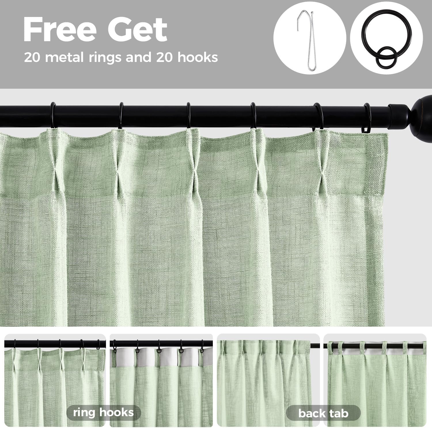 Pinch Pleated Linen Curtains for Living Room, Light Filtering Sheer Curtains 84 inches Long, Farmhouse Natural Pinch Pleat Drapes, Semi Sheer Window Green Curtain with Hooks 2 Panels
