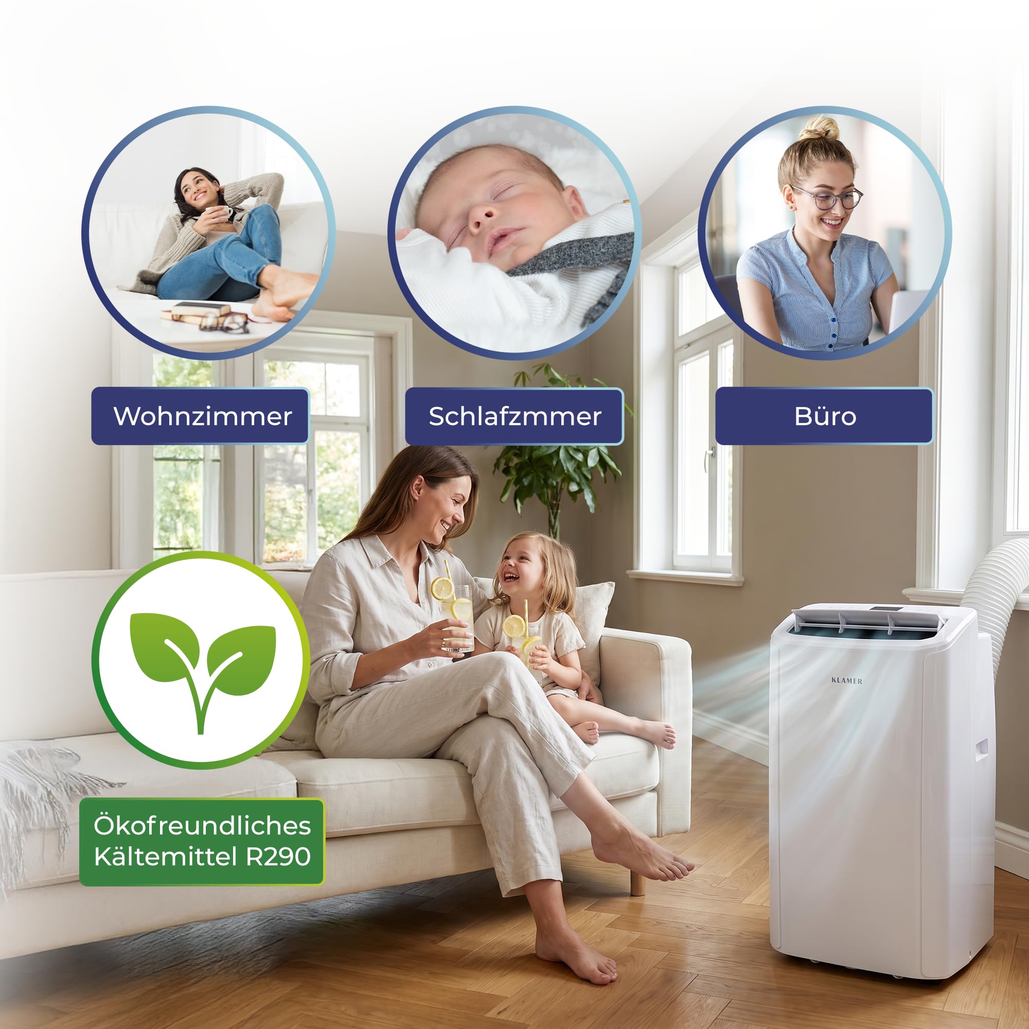 KLAMER Mobile Klimaanlage 12000 BTU, bis 43m², 3-in-1, Abluftschlauch | Kühlung, Ventilation & Luftentfeuchtung, 3 Gebläsestufen, 24h Timer, Nachtmodus, Fernbedienung, R290 Kältemittel