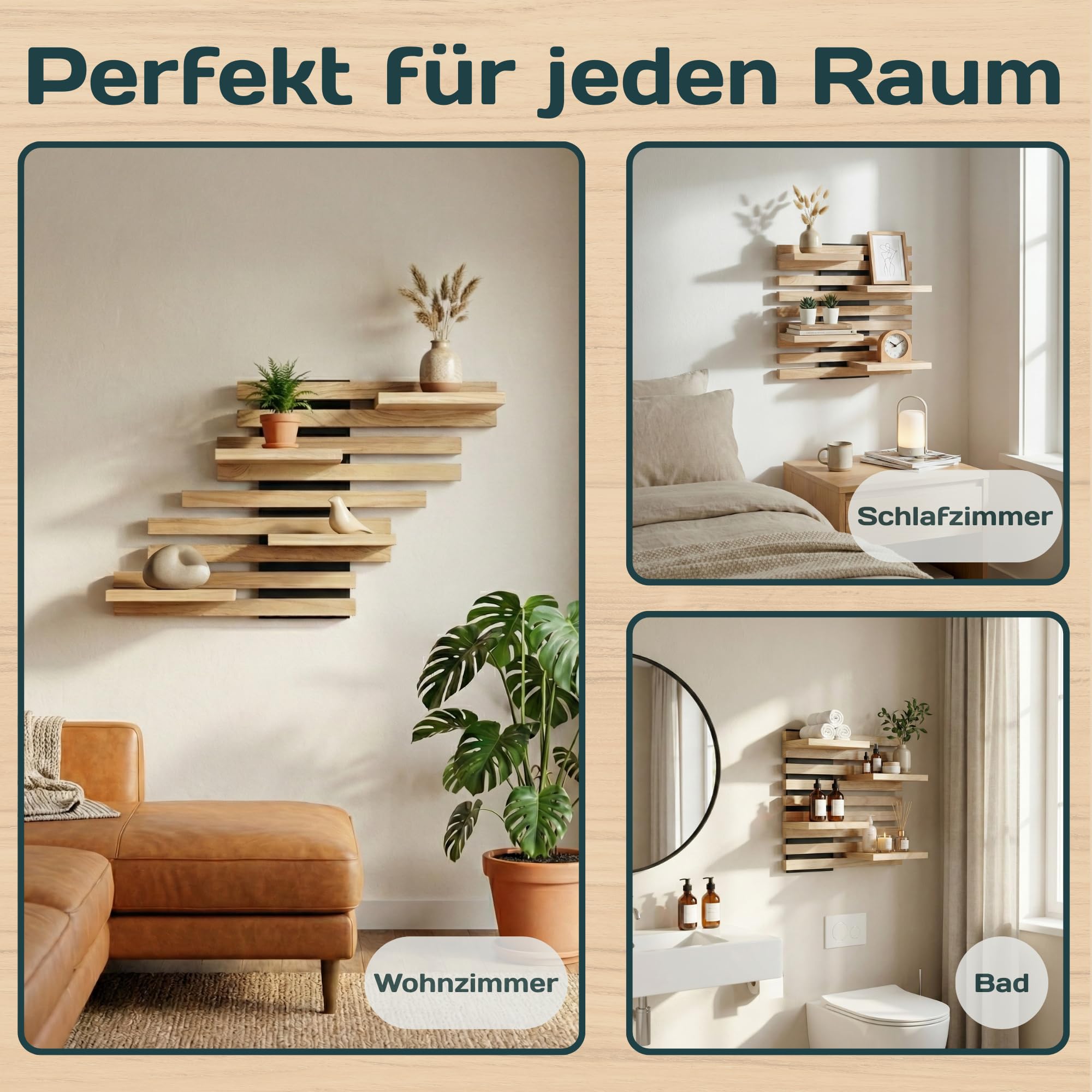 Wandregal Holz Hängend - Modulares Bücherregal Set aus Massivholz - Schwebendes Regalbrett für Wohnzimmer, Küche & Bad - Vintage Deko & Pflanzen Ablage