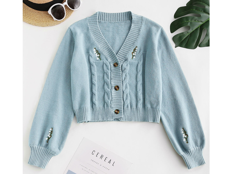 ZAFUL Women's V Neck Long Sleeve Cropped Sweater Embroidered Knit