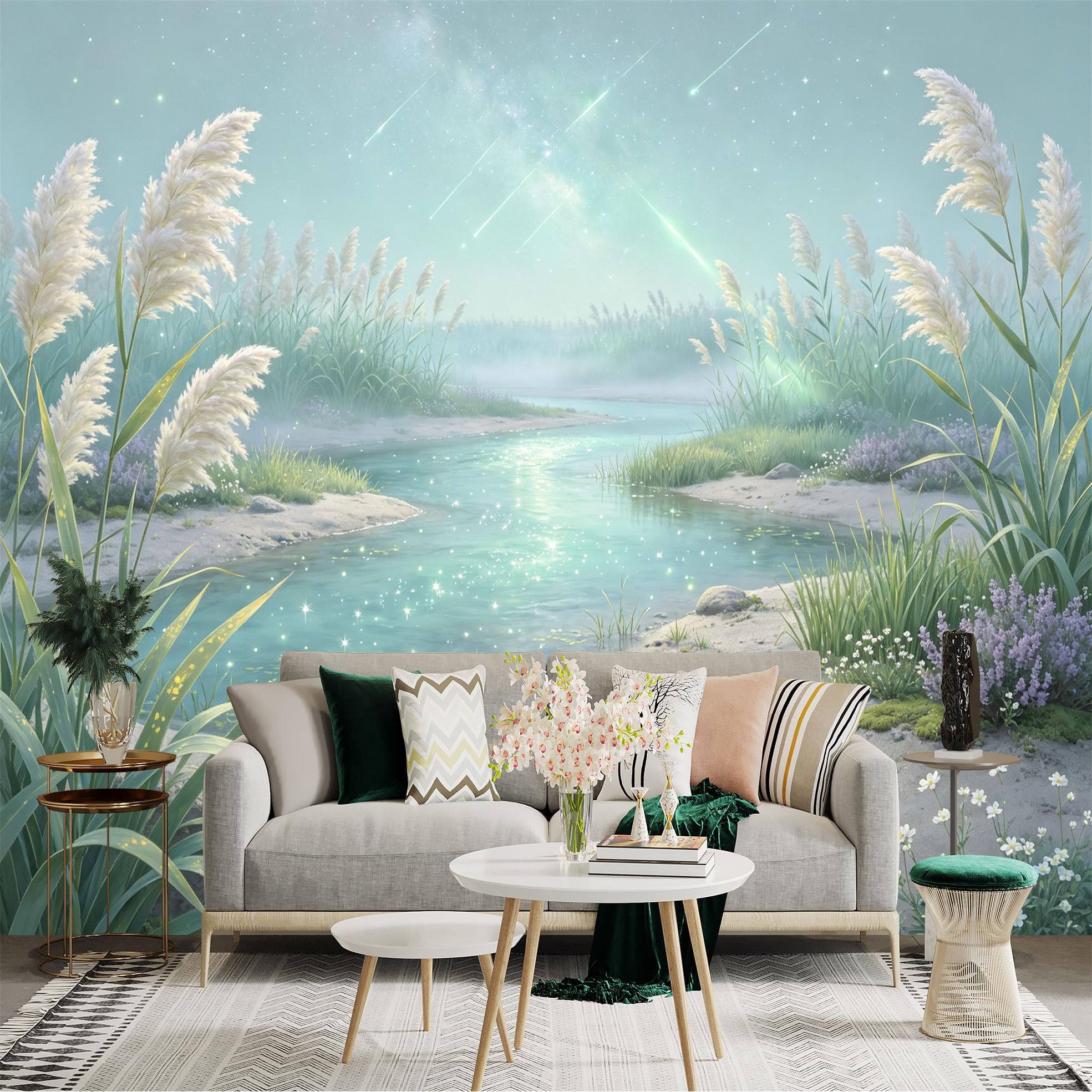 Lnzczhyre Bh260719542 Custom Size Wall Sticker Mural， Dreamy Riverbank Landscape， Glowing Reeds， Serene Moonlight Water， Sparkling Night Atmosphere， For Wall Decoration， Peelandstick Wall Decals.