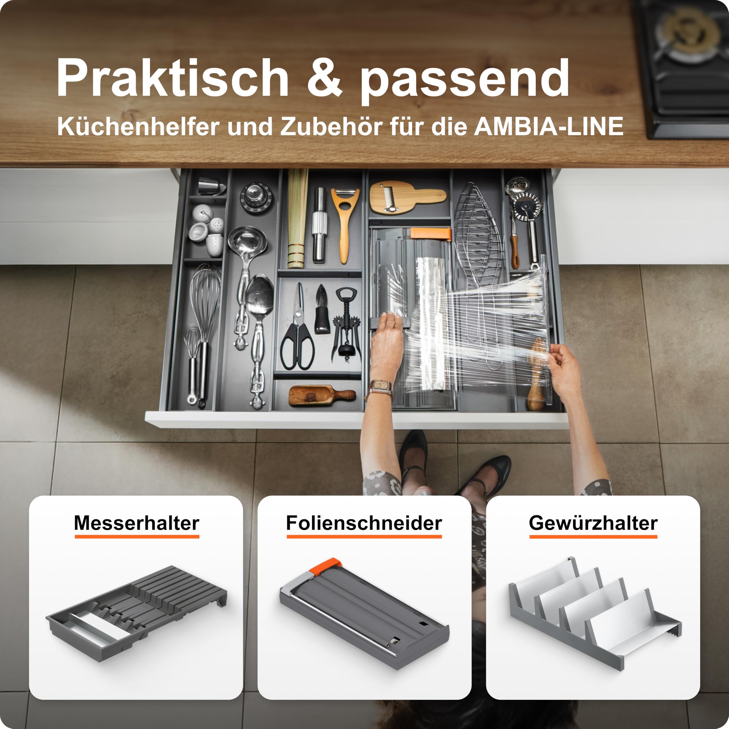 Blum AMBIA-LINE Besteckkasten mit Soft-Touch | Premium Schubladen-Organizer für moderne Küchenschublade & Schrank | schützt, sortiert & ordnet Besteck und Küchenhelfer | Maße: 47×30×5 cm | Oriongrau