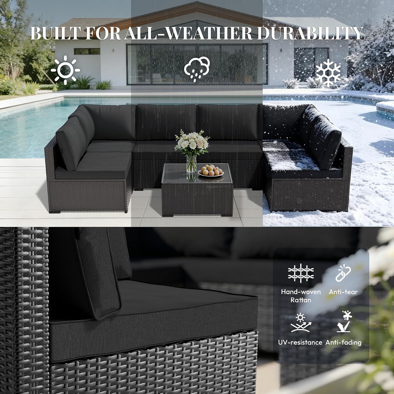 WWR Patio Furniture Set 7 Piece - All-Weather - Wicker Rattan Patio Outdoor Conversation Set, Modular Sectional Sofa for Backyard, Garden, Poolside, Balcony, Porch, Patio, Black/Black
