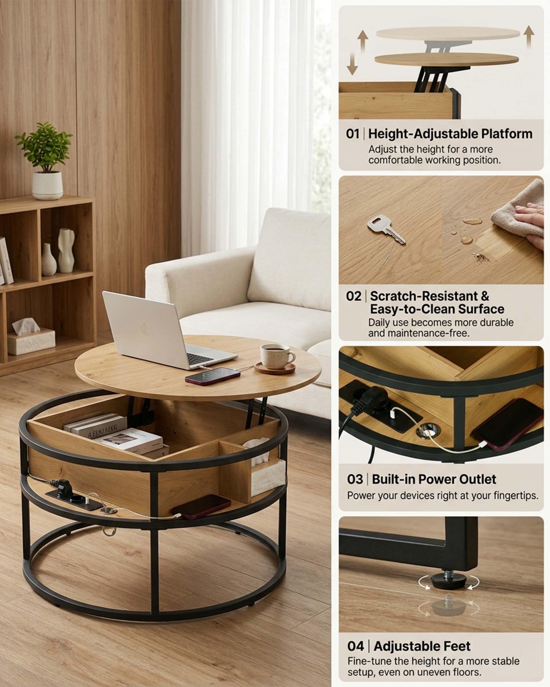 hitsuki Table Basse Relevable avec Rangement Caché, Ronde Salon 80x80x48cm