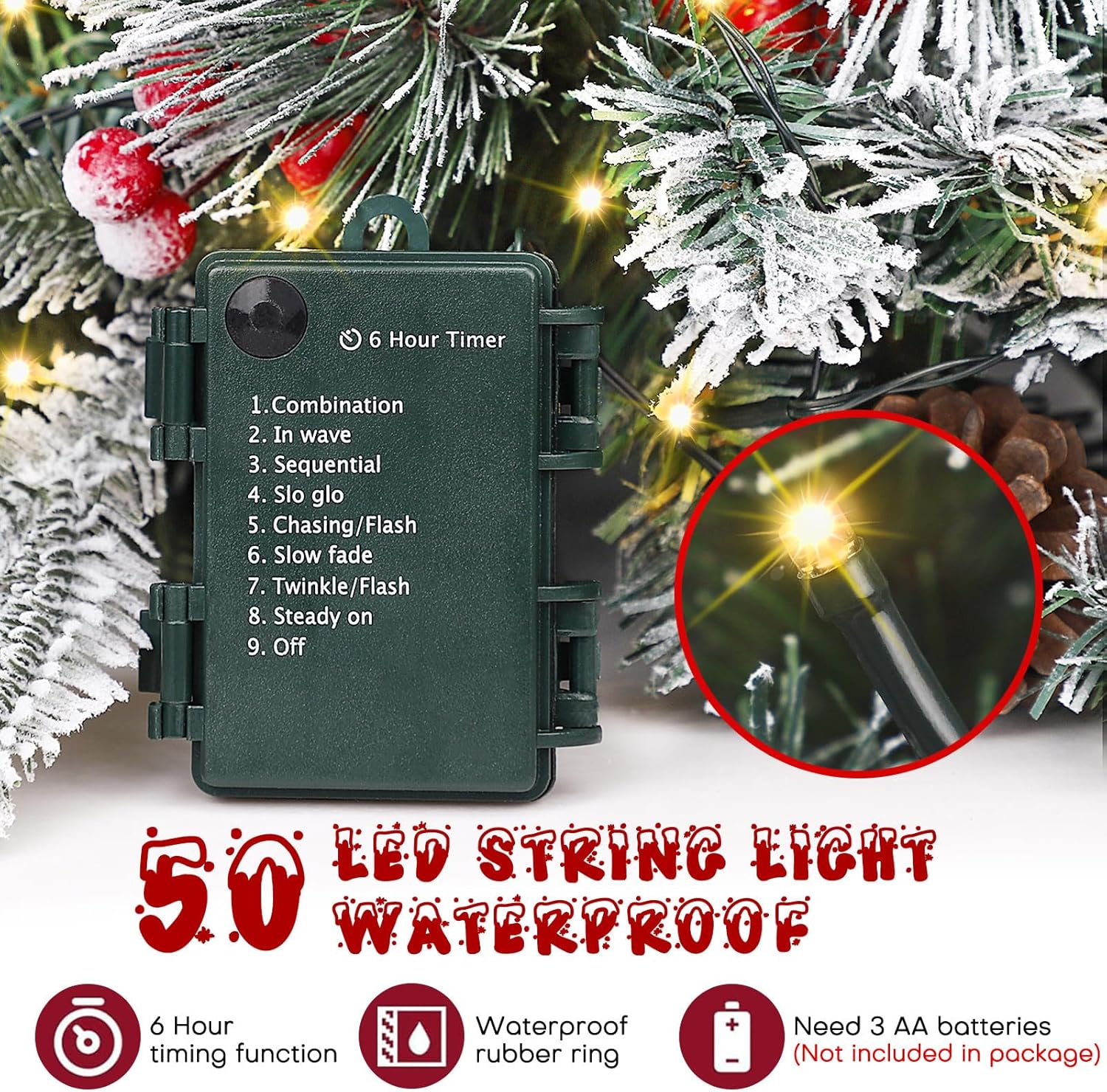 Noverlife 2 Packs Christmas Tree Frosted Urn Filler, 26 Inches Pre-lit Snowy Xmas Pine Tree Planter Pots Filler with Cones & Berries, Outdoor Artificial Tree with 50 LED Lights (Not Included Planter)