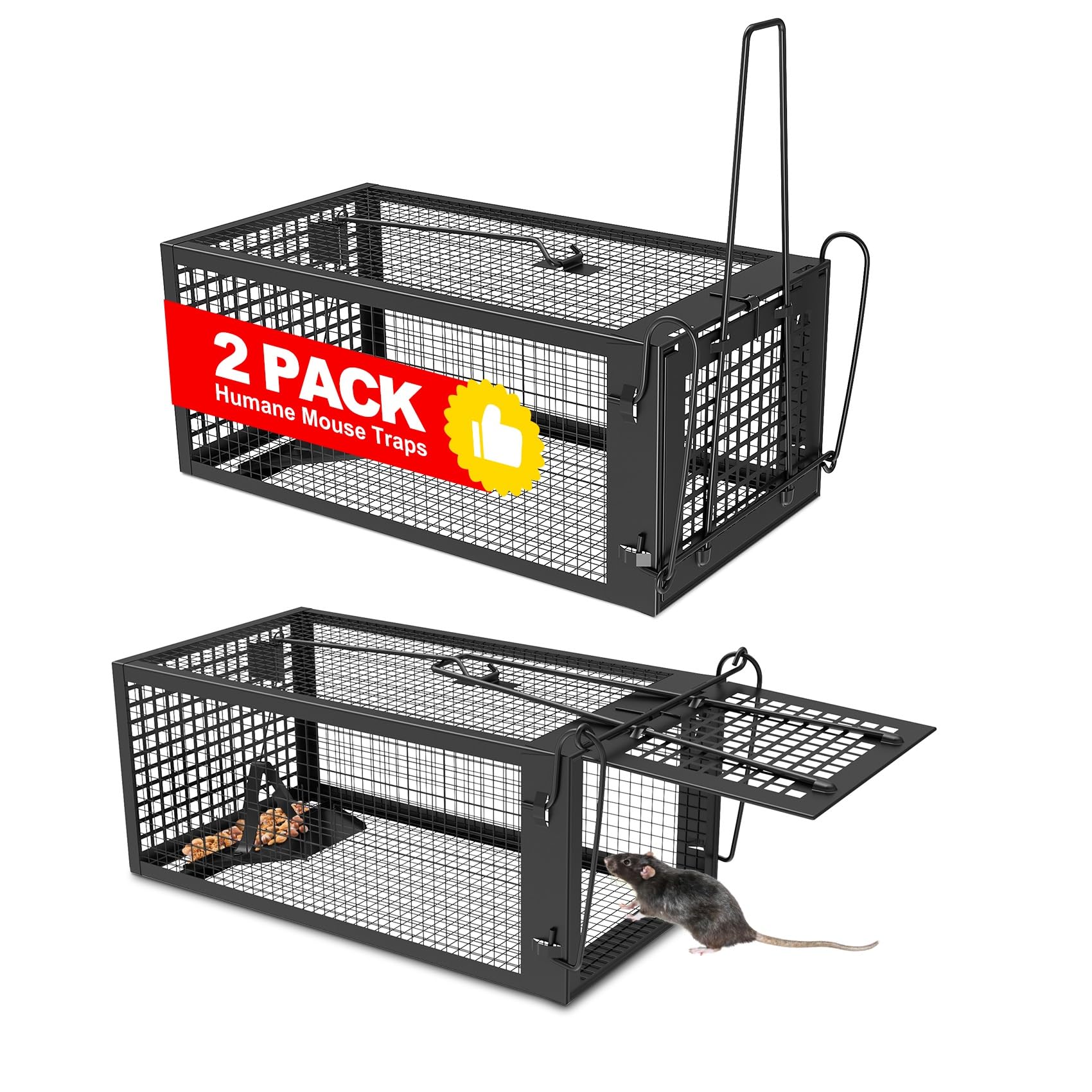 Photo 1 of 2 Packs Humane Rat Trap Outdoor Mouse Traps Indoor Use, Rodent Chipmunk Traps for Small Live Animal Catch and Release - Black