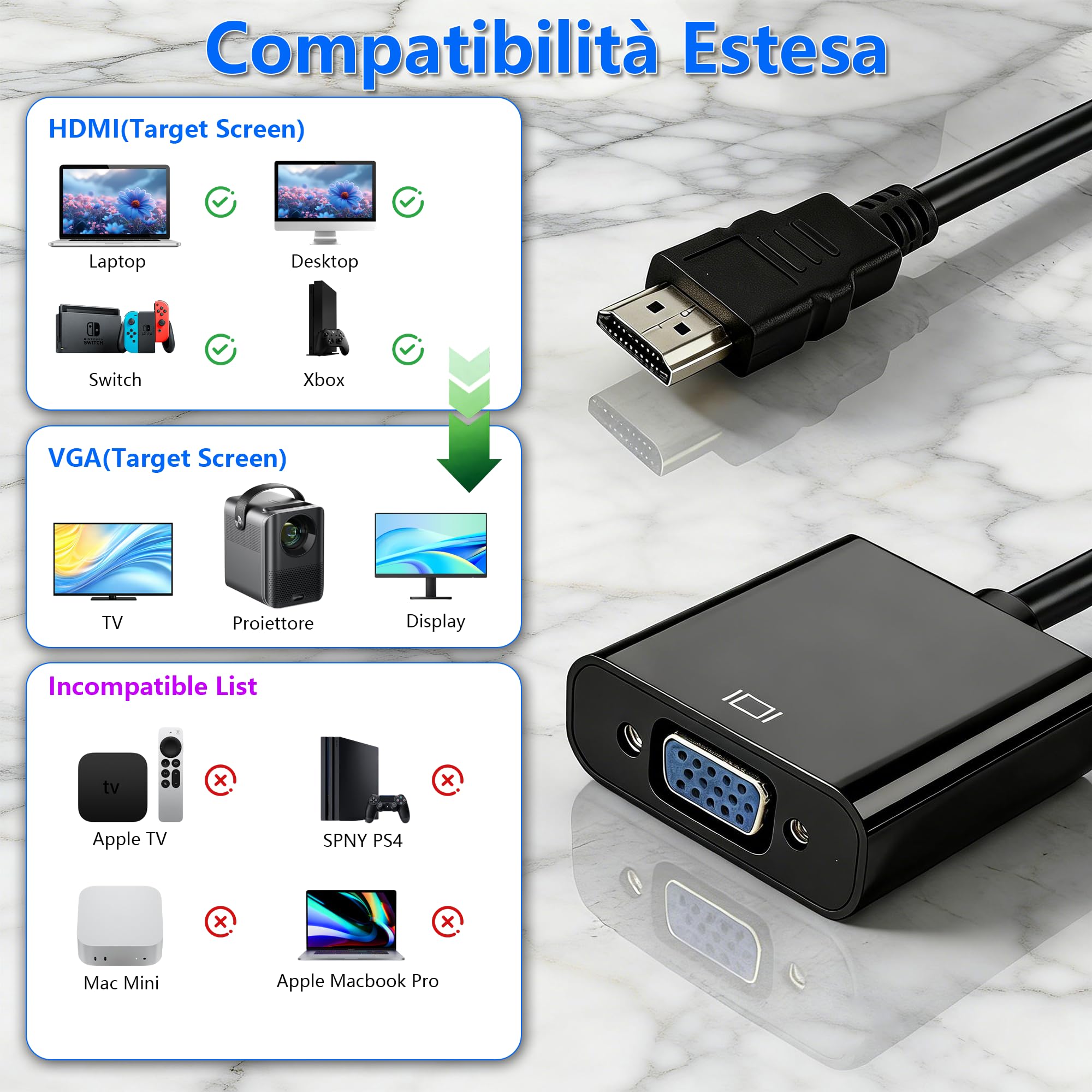 Adattatore HDMI a VGA, Convertitore Unidirezionale HDMI a VGA con Connettore Placcato in Oro, per Computer, Laptop, Proiettori, HDTV, Chromebook, Xbox