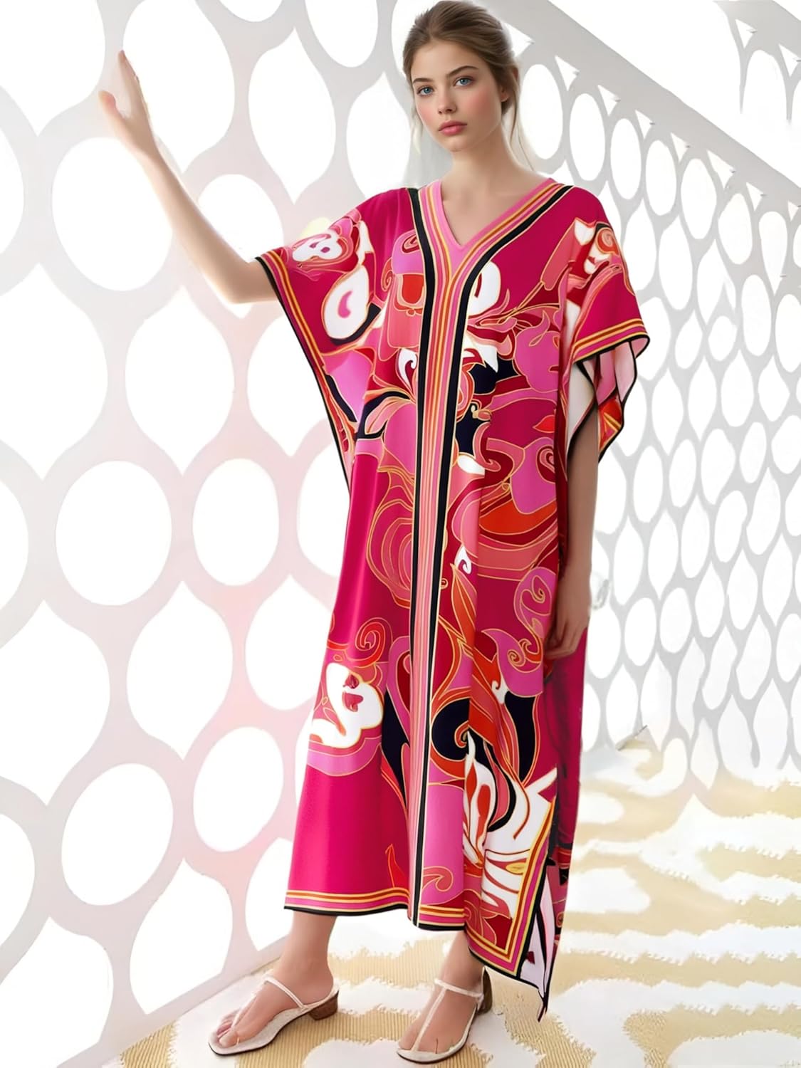 Cashew Flower Silk Caftan Women Vneck beach Cover up Caftans Loose Plus Size Floral Print Side Split Kaftan Dresses - Image 4