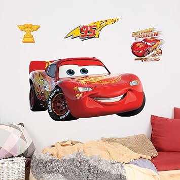 Disney Pixar Cars Wall Decals - 11" x 19" Lightning McQueen Vinyl Stickers for Bathroom Nursery Bedroom Decor - Peel and Stick Room Decorations