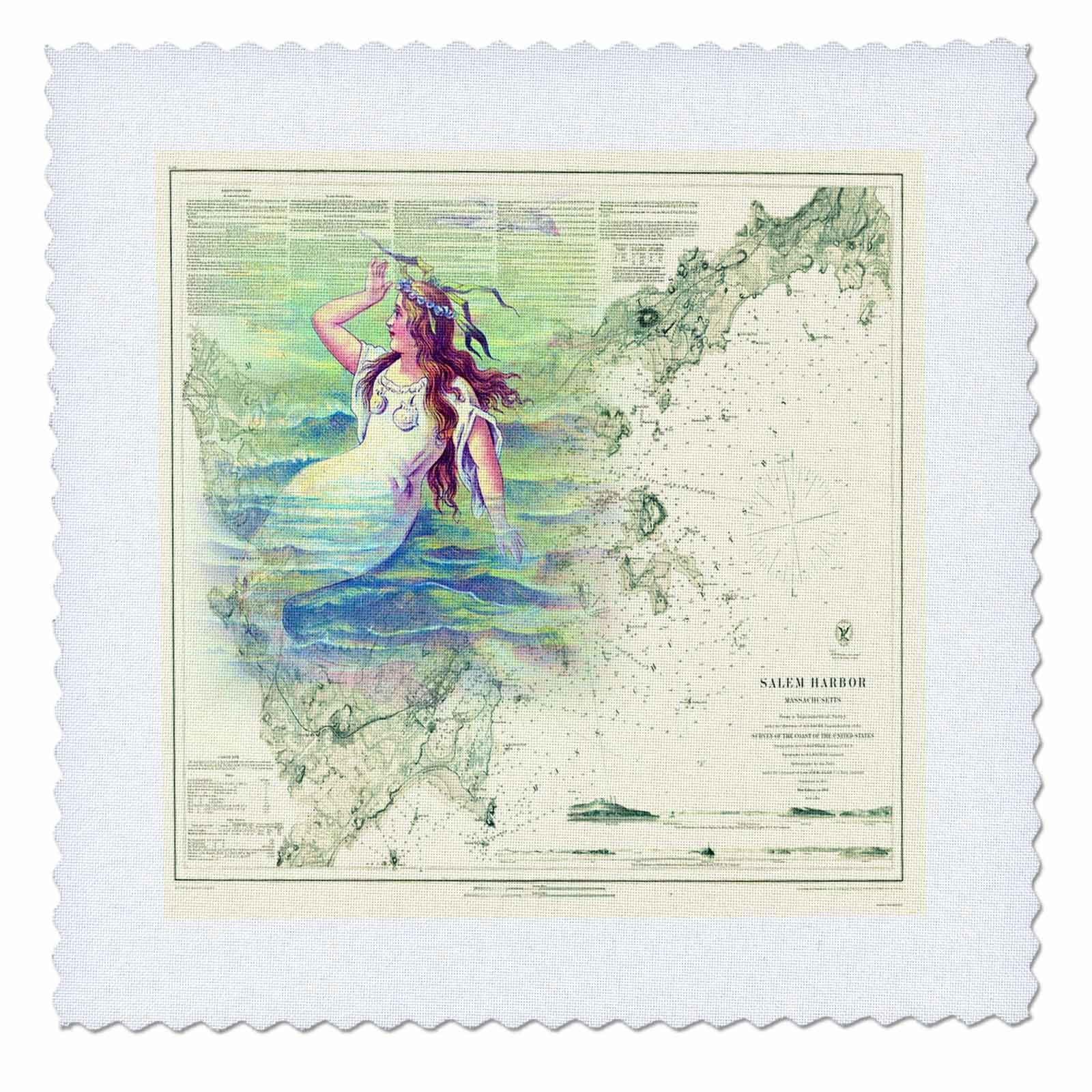 3dRose Print of Salem Harbor Vintage Chart With Mermaid - Quilt Square, 10 by 10-inch (qs_204906_1)