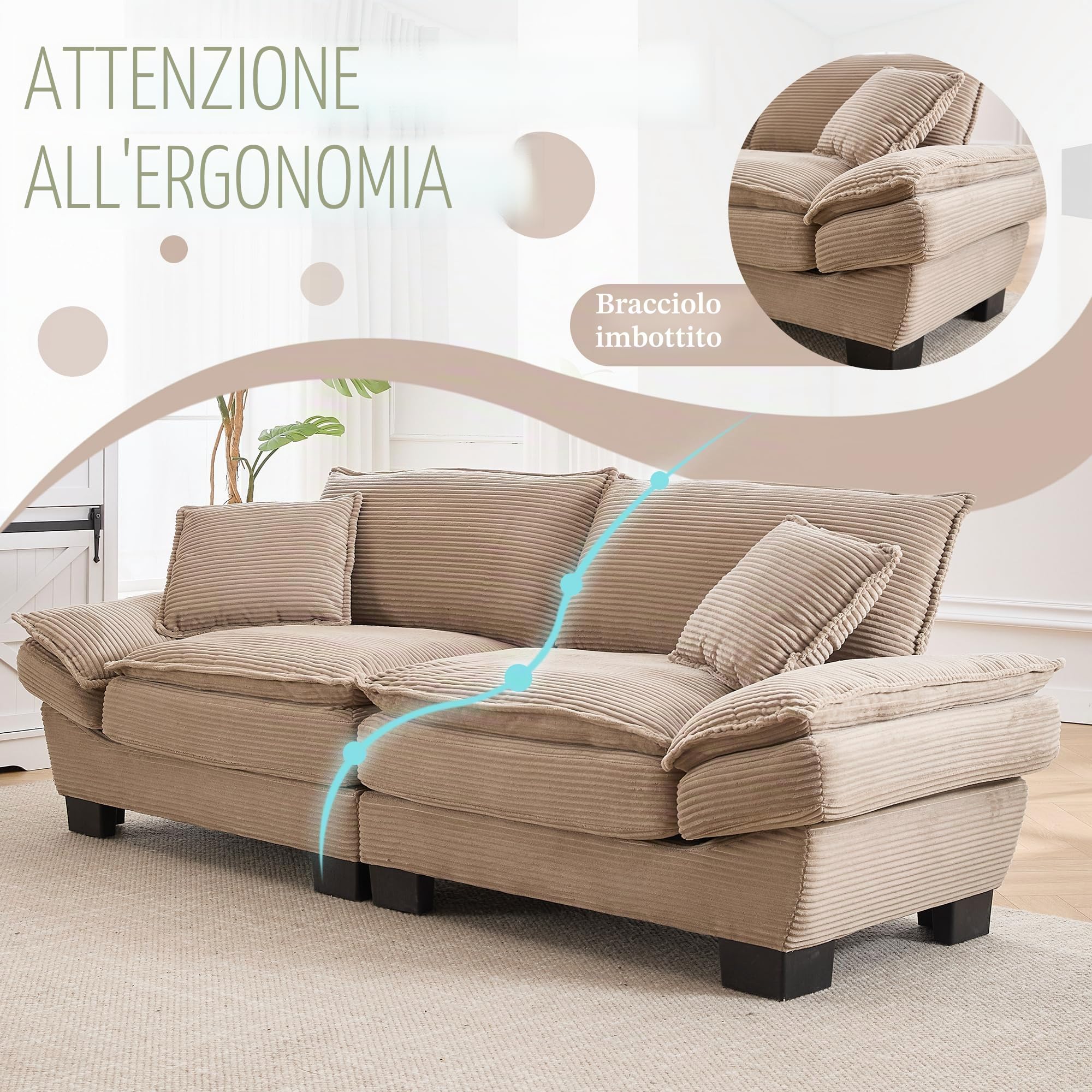 TIZZ Un moderno, semplice divano a due posti con un materasso a molle, che richiede un solo cuscino, è accogliente, ma spazioso e capiente per il soggiorno/camera da letto/ufficio, Khaki