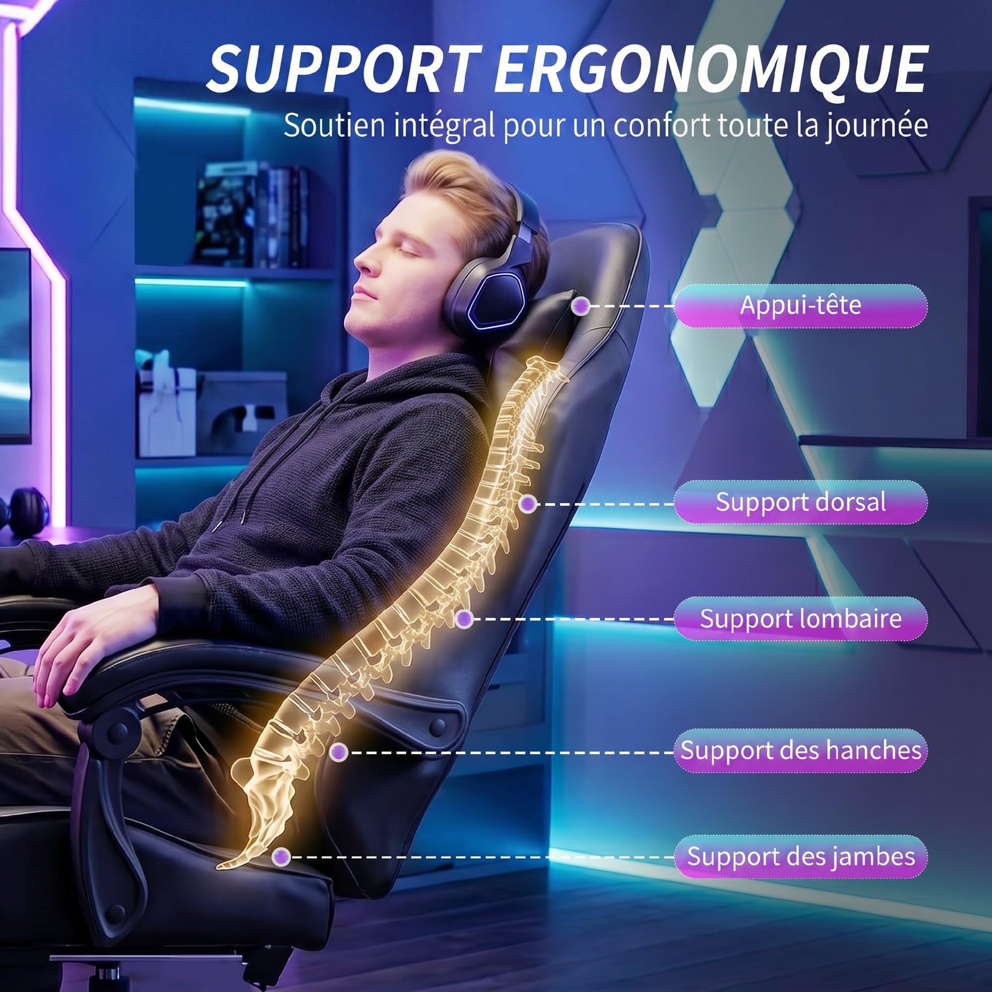 HOMCOM Silla Gaming Ergonómica Sillón Gamer 63 x 66 x 126-134 cm, Negro | Soporte para lumbar, respaldo reclinable, altura ajustable, reposapiés, reposacabezas, muebles de oficina