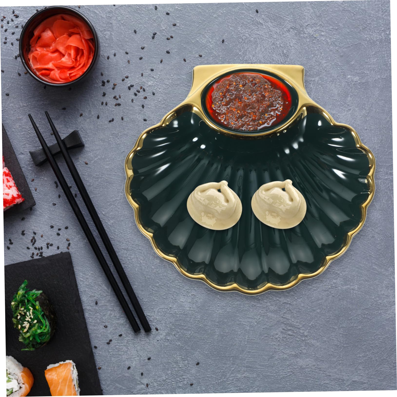 STOBAZA 1pc Dumpling Plate Fries Chips Tray Serving Tray Dip Dumpling Serving Plate Sauce Compartment Plate Sushi Plate Salad Serving Utensils Breakfast Lunch Plate Food Green Ceramics