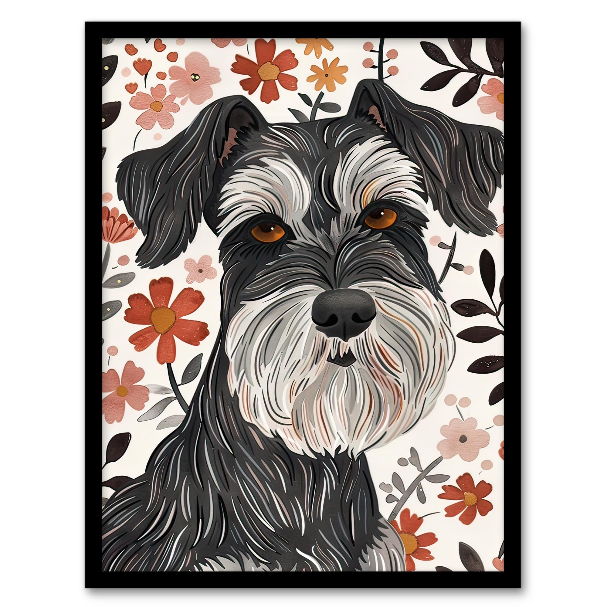Artery8 Miniature Schnauzer with Daisies Watercolour Living Room Artwork Framed Wall Art Print A4