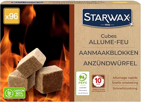 STARWAX - مكعب إضاءة XXL - وقت احتراق يصل إلى 10 دقائق - اشتعال سريع ونظيف وعديم الرائحة - لا يؤثر على طعم الطعام - PEFC - عبوة من 96 مكعبًا