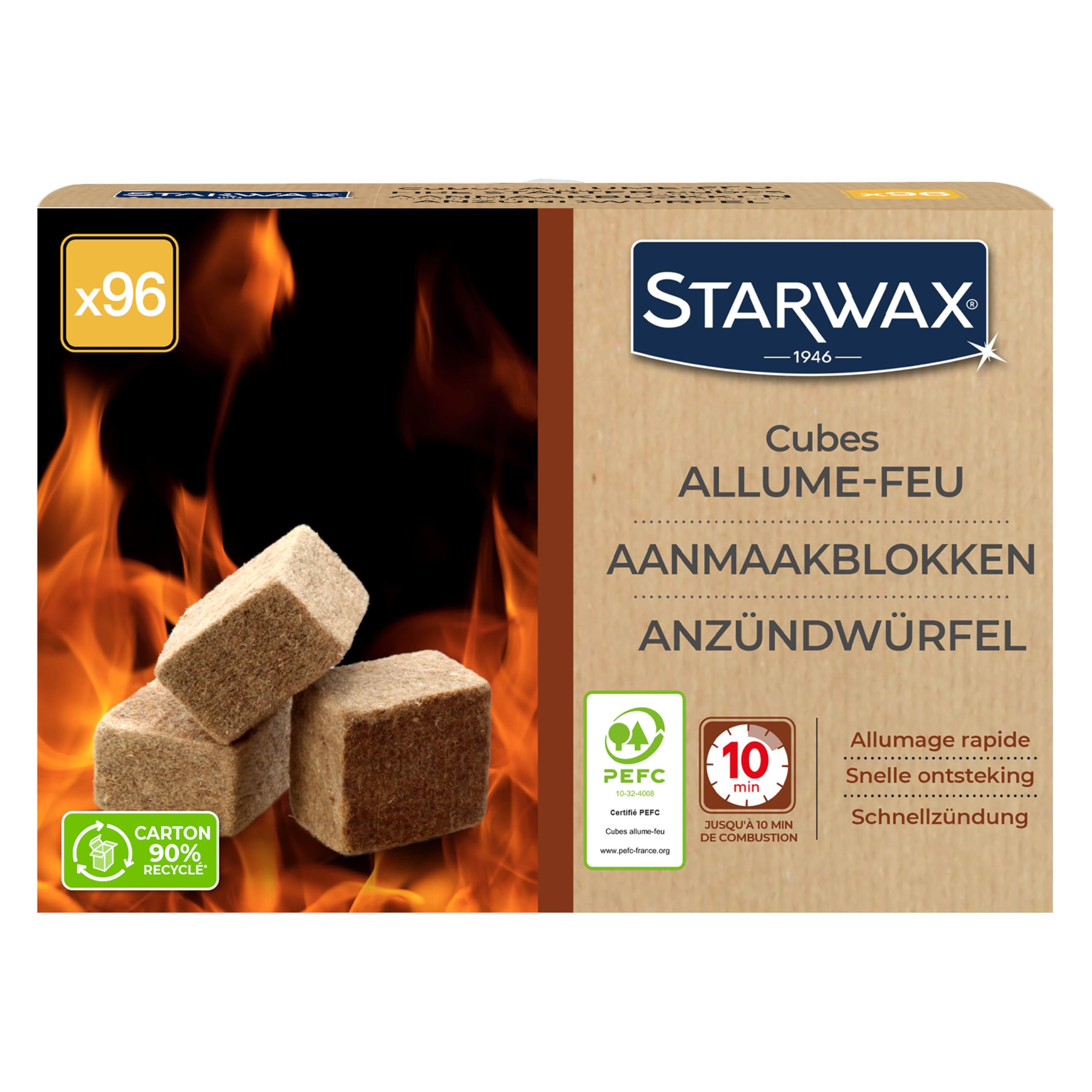 STARWAX - XXL Fire Starter Cubes - Up to 10 Mins Combustion - Quick, clean and odorless ignition - Do Not Affect the Taste of Food - PEFC - Batch of 96 cubes