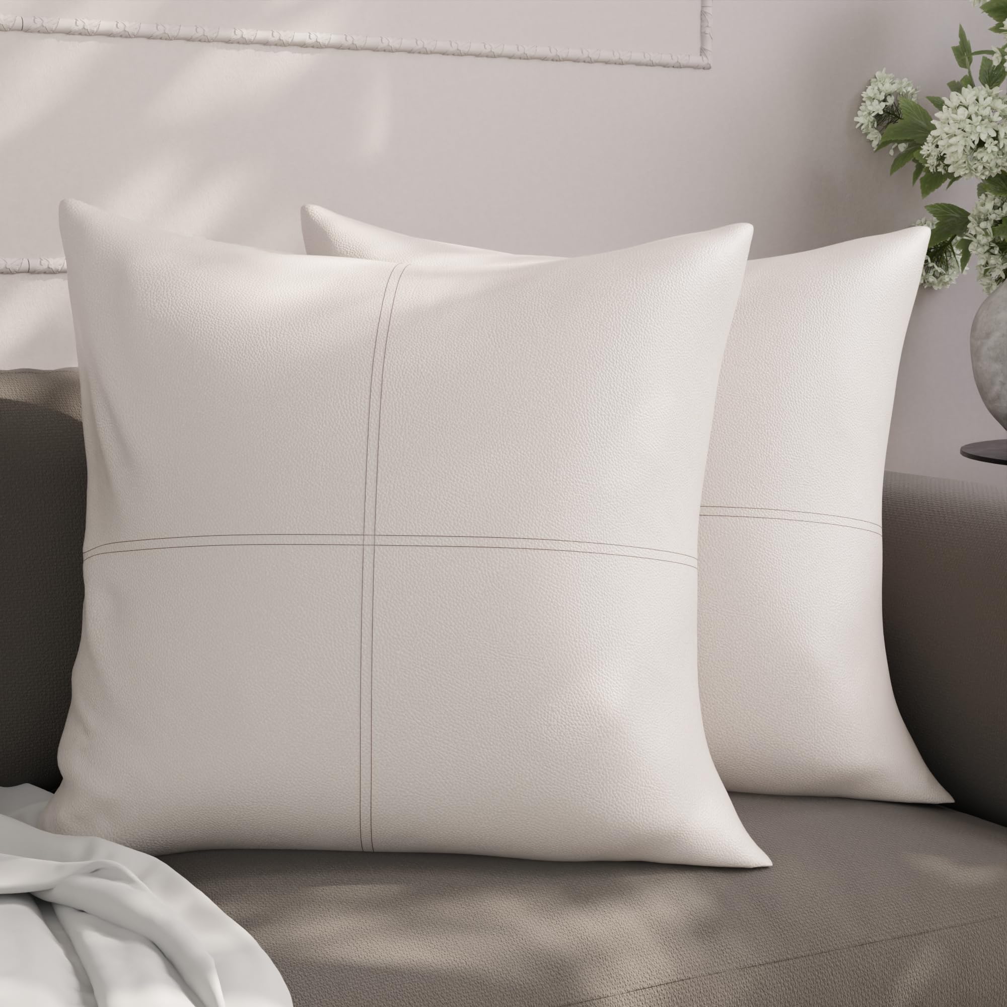 Encasa XO Faux Leather Cushion Covers, No Inserts 20"x20" Cream Stitch โ image 1