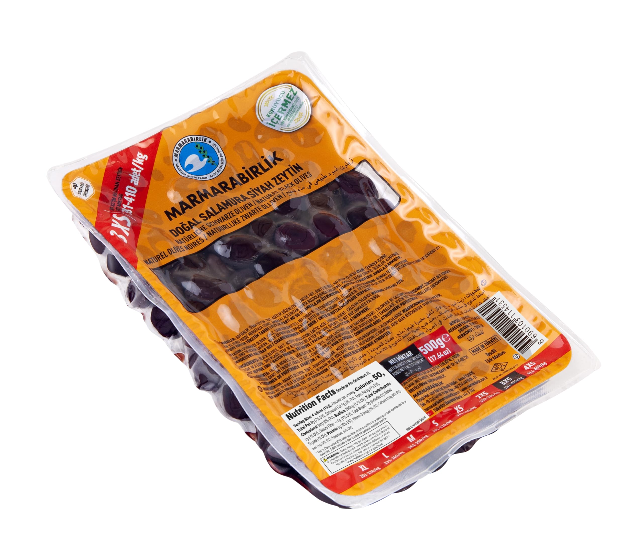 Marmarabirlik Black Olives, Hand-Picked Turkish Pickled Olives, Healthy Snacks, Natural Mediterranean Flavor, Great for Mezze, Bread and Snacks, Vegan, Kosher and Halal, Small, 17.6 Oz (500g)