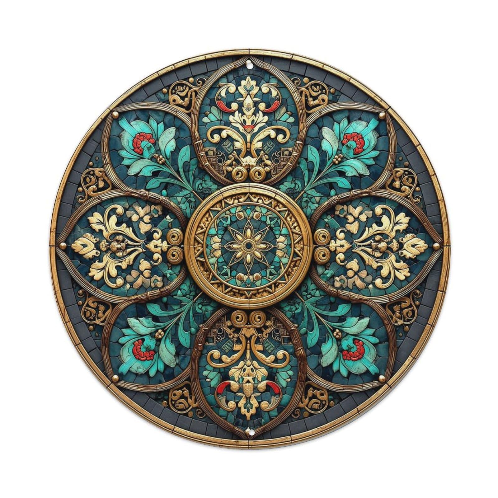 Ornate Floral Symmetrical Design Pattern Round Tin Sign Vintage Metal Sign Home Bar Garden Indoor & Outdoor Wall Decor Retro Metal Poster 8x8 Inch