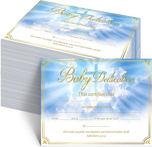 100 certificados de dedicación para bebés, certificados de bautismo recubiertos a todo color para regalos de bautizo de iglesia y bebé (cruz azul)