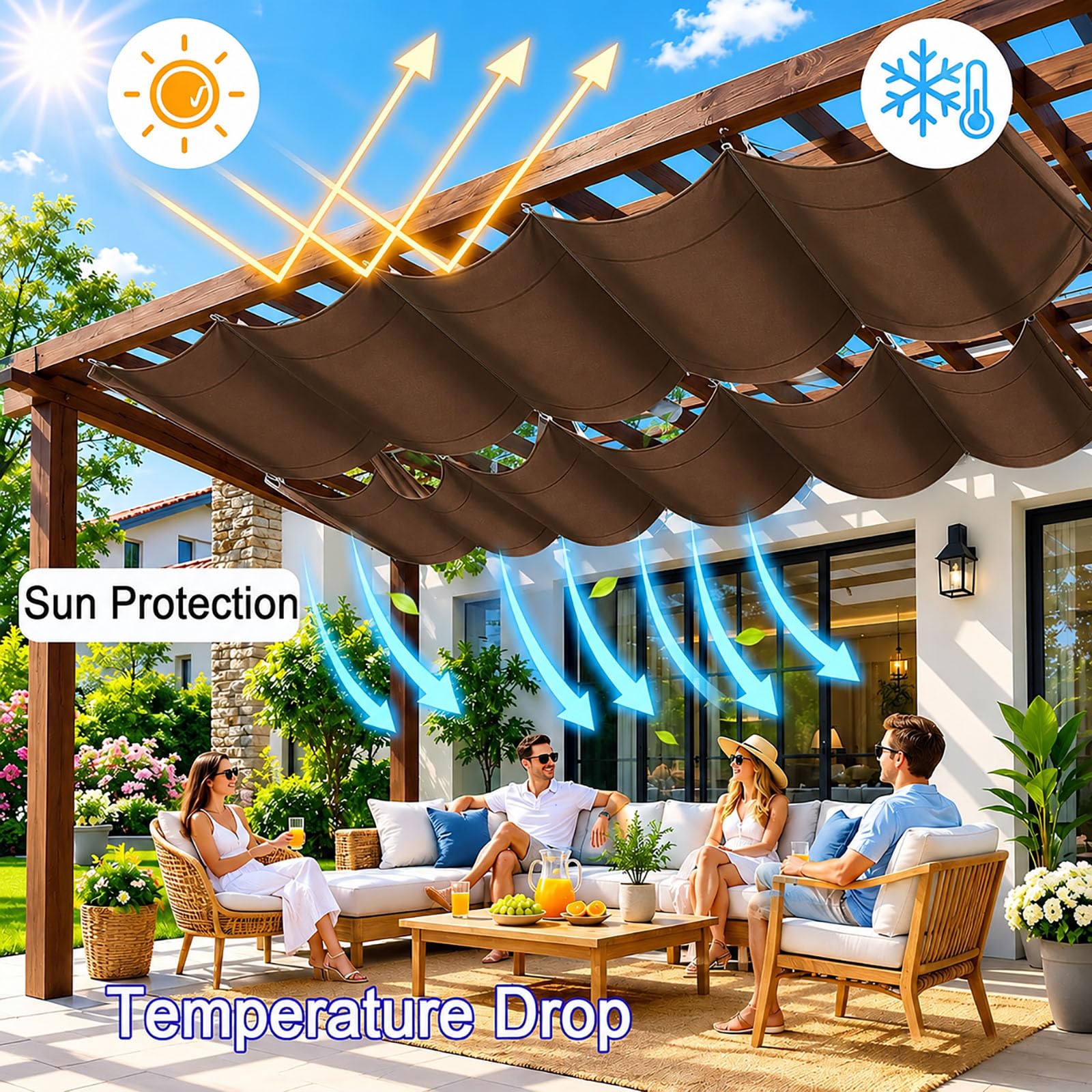 Einziehbares Sonnensegel 5.5 x 5.5 m 98% Uv-Schutz Reißfest Wetterfest Rechteckig Winterfest mit Ösen Verstellbare Schattenabdeckung für Balkon Terrasse Garten, braun