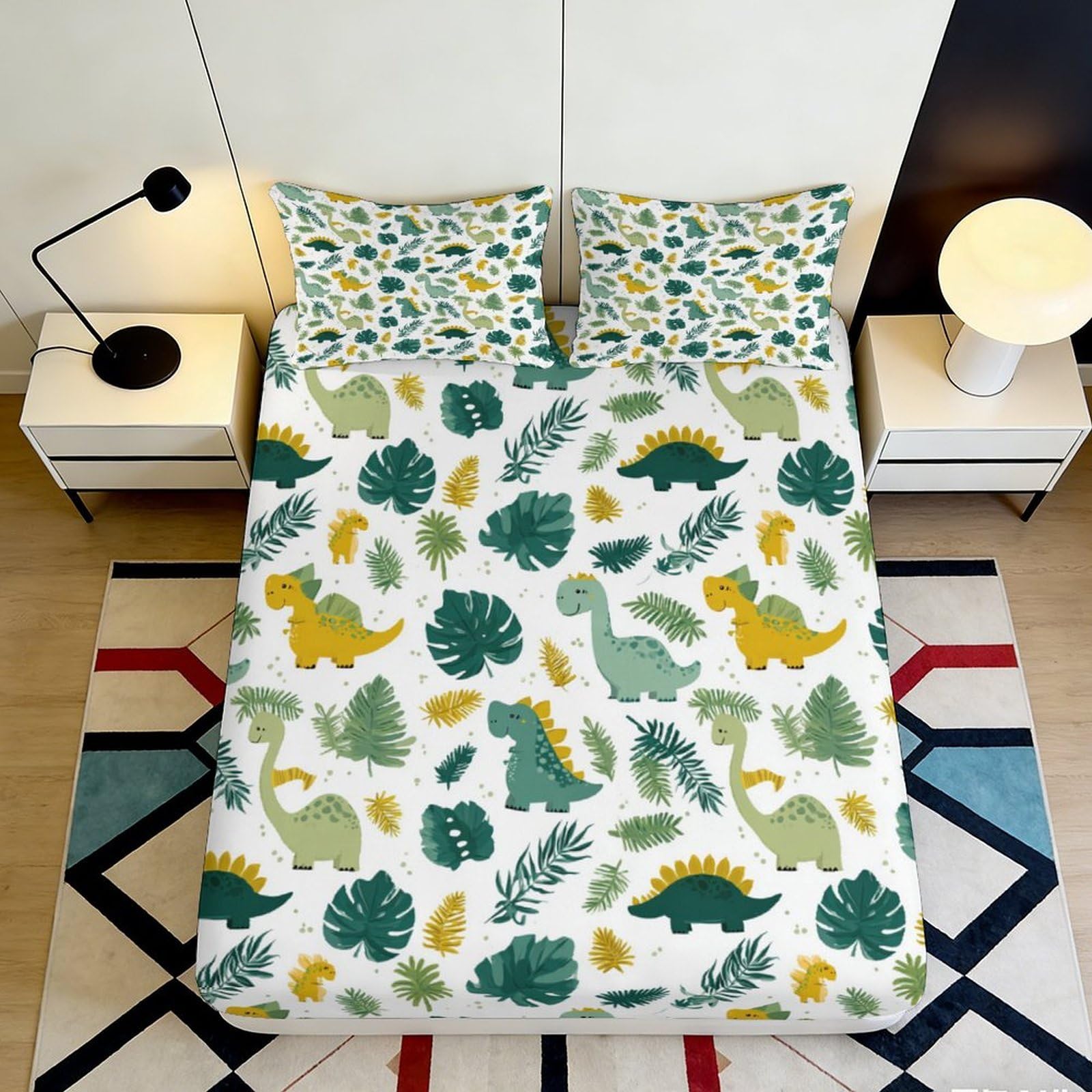3D Printed Dinosaur Leaf Fitted Sheet Microfiber Soft Breathable Jurassic Bed Cover for Bedroom Guest Room Decor 90x200x25cm