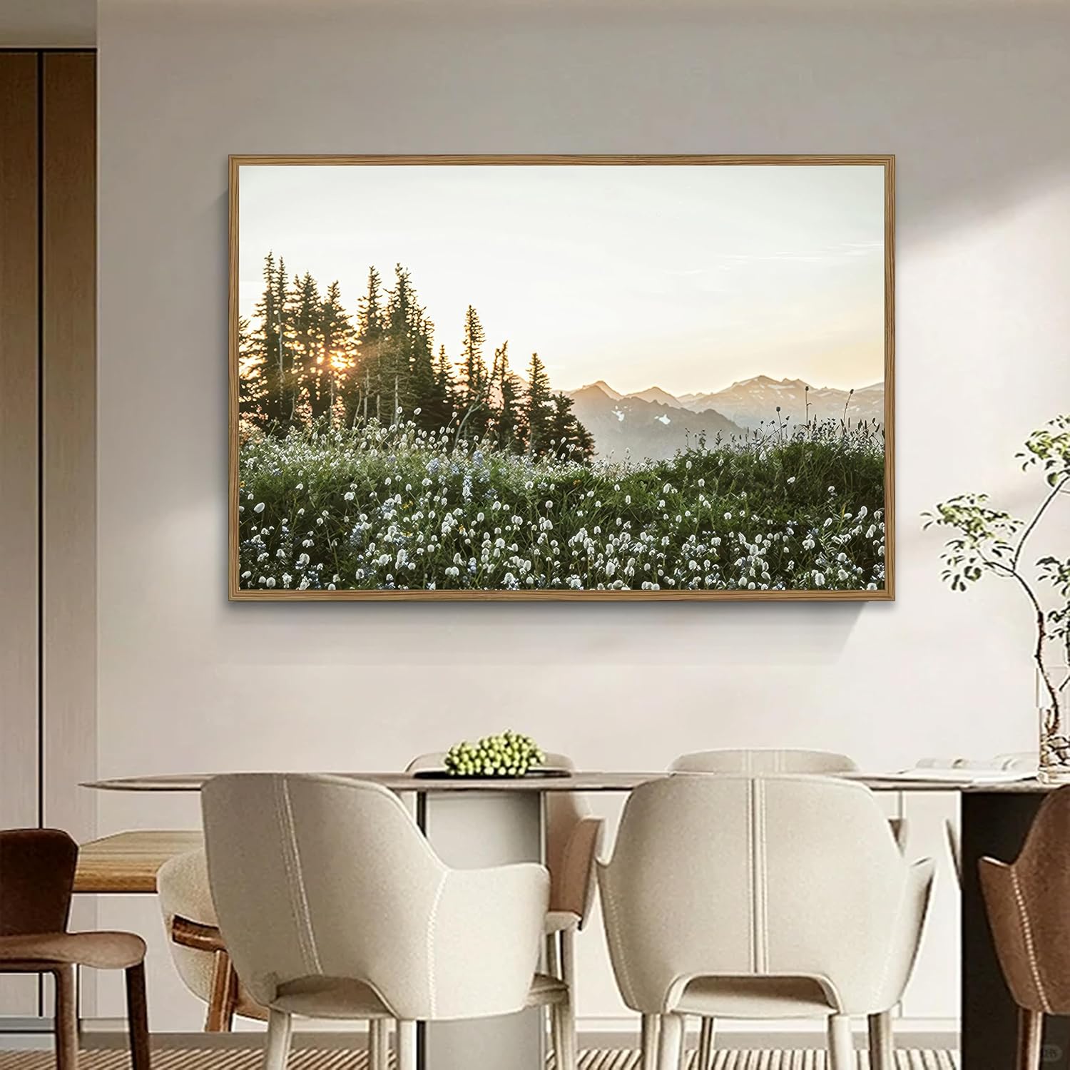 Framed Nature Forest Wildflower Wall Art Rustic Landscape Canvas Picture Prints with Botanical Mountain Sunrise Photography Picture for Living Room Bedroom Dining Room Farmhouse Decor16x24Inch