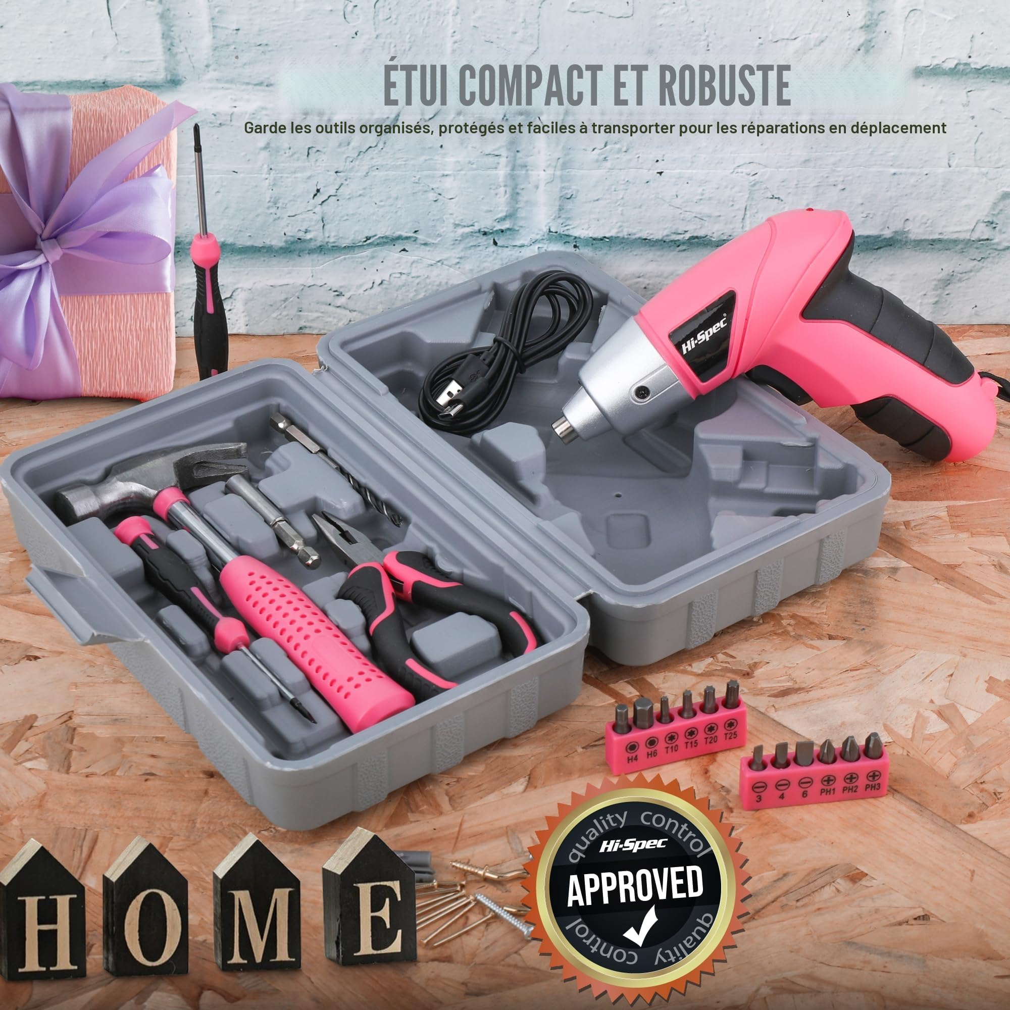 Hi-Spec Perceuse Visseuse Sans Fil 3.6V USB – Kit d’Outils Maison 19 Pièces Rose, Tournevis Électrique Rechargeable avec Coffret Compact boîte à outils compacte